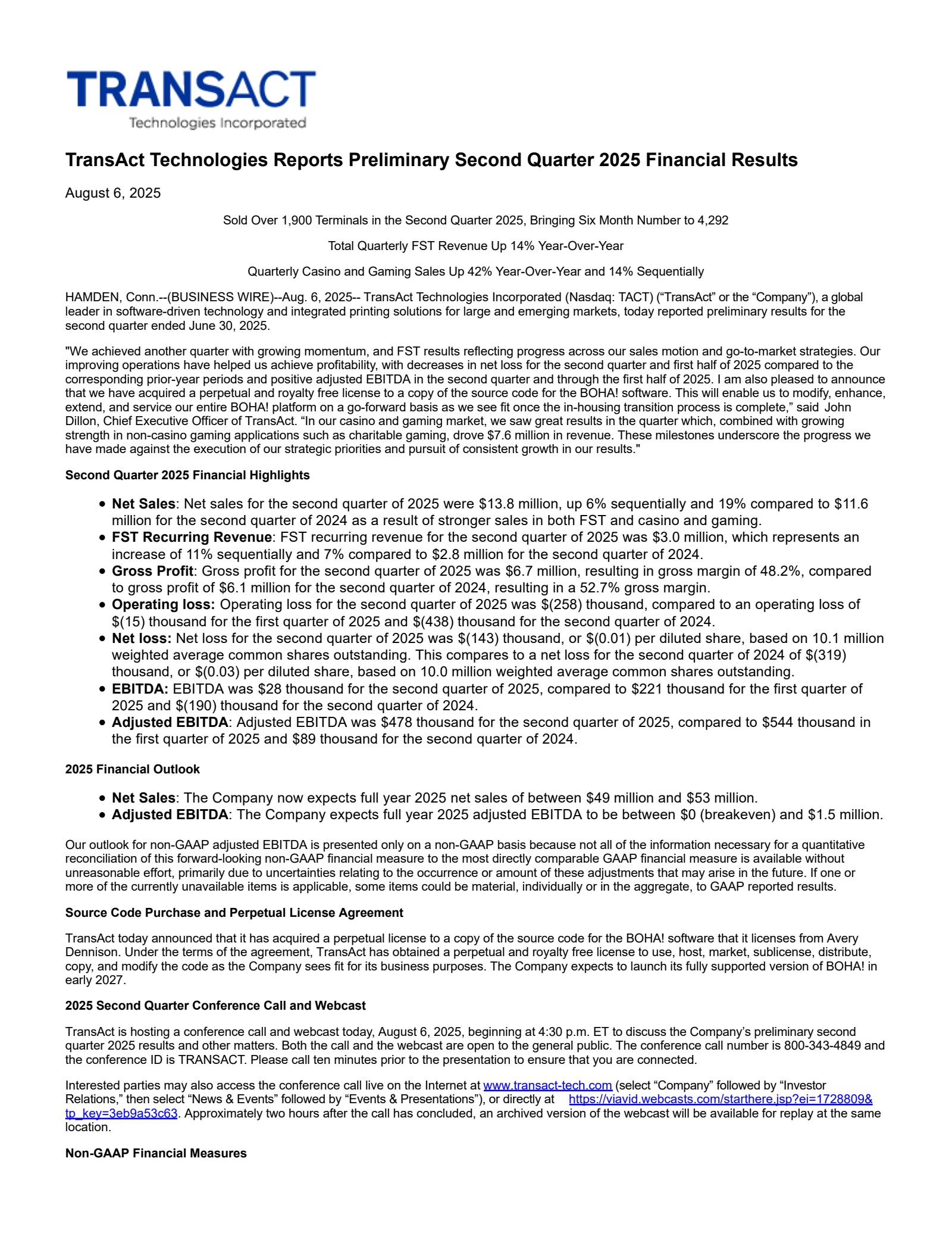 TransAct Technologies' Q2 2025 Press Release
