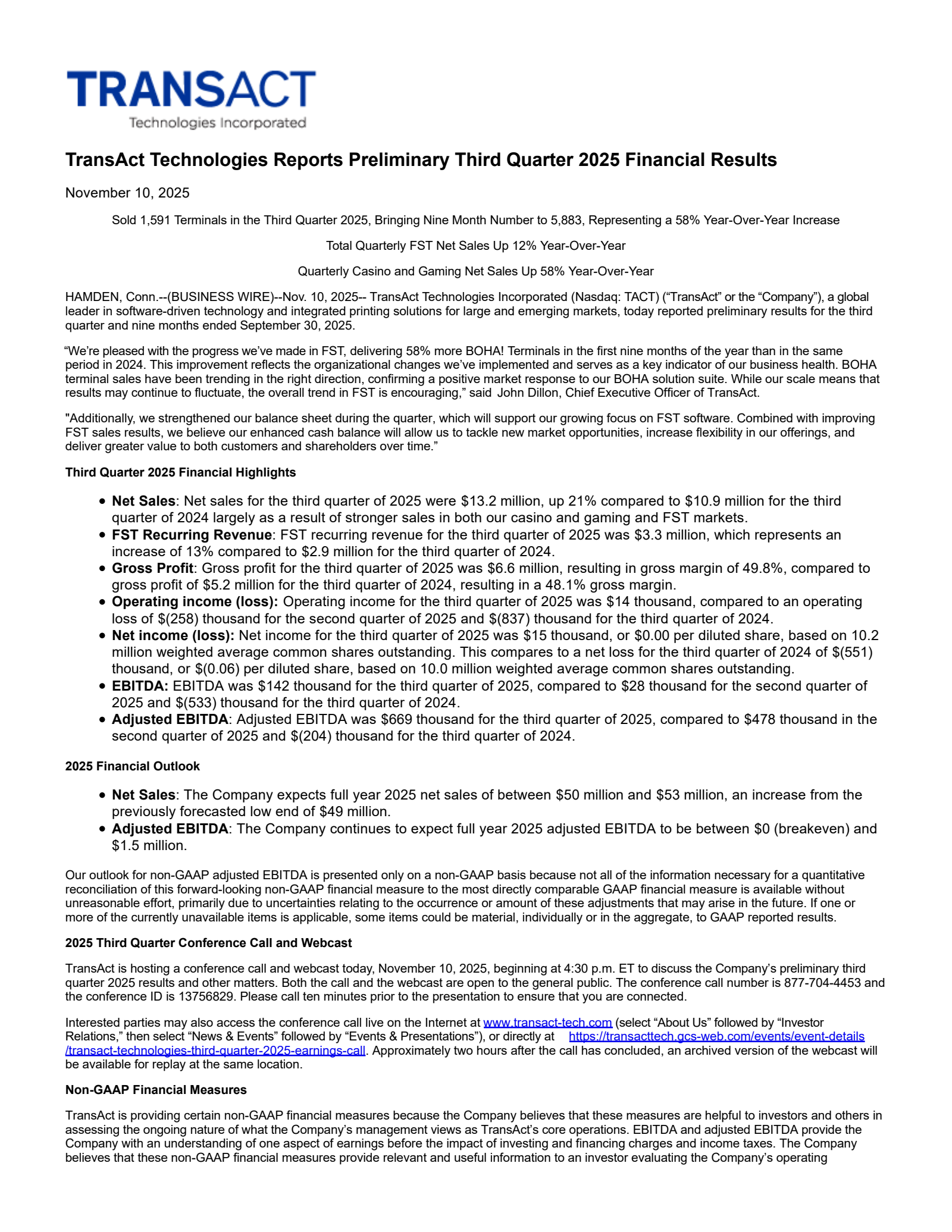 TransAct Technologies' Q3 2025 Earnings Release