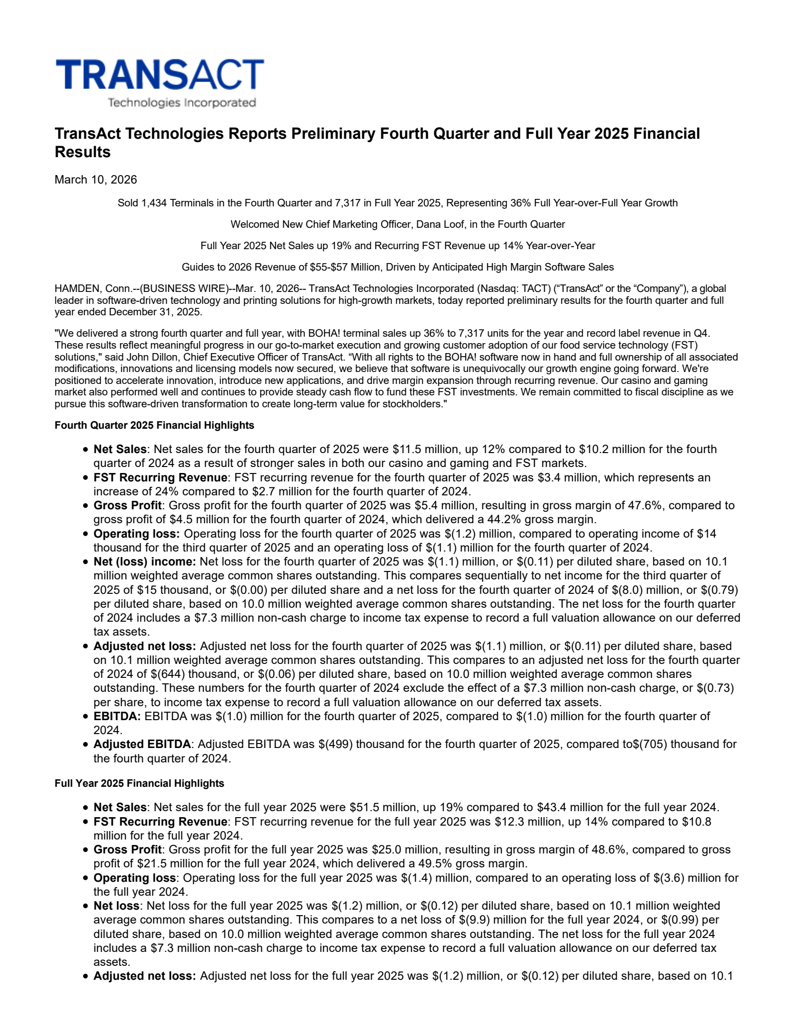 TransAct Technologies' Q4 2025 Press Release