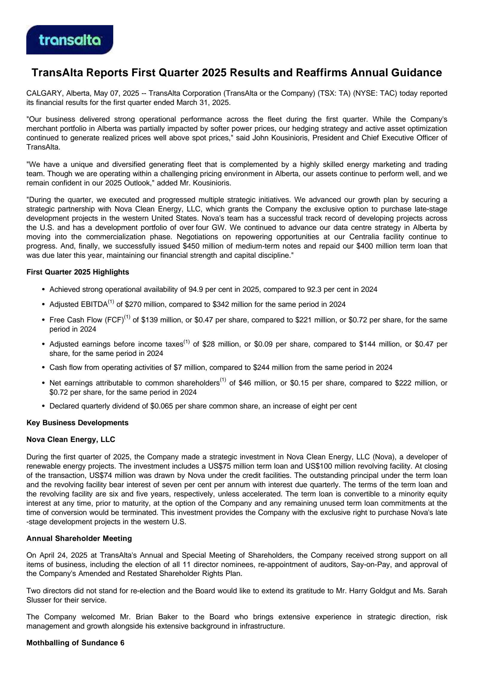 TransAlta's Q1 2025 Press Release