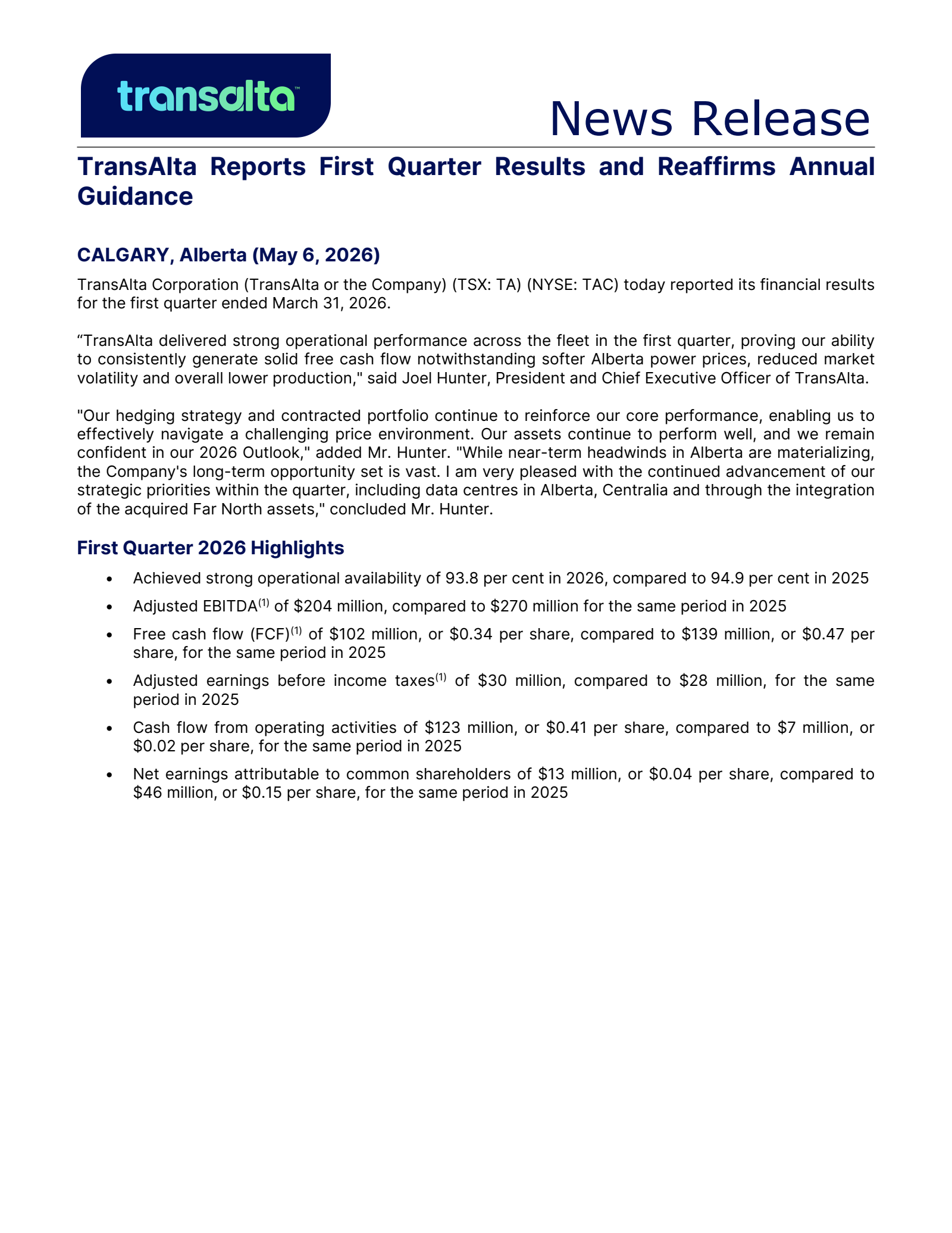 TransAlta's Q1 2026 Press Release