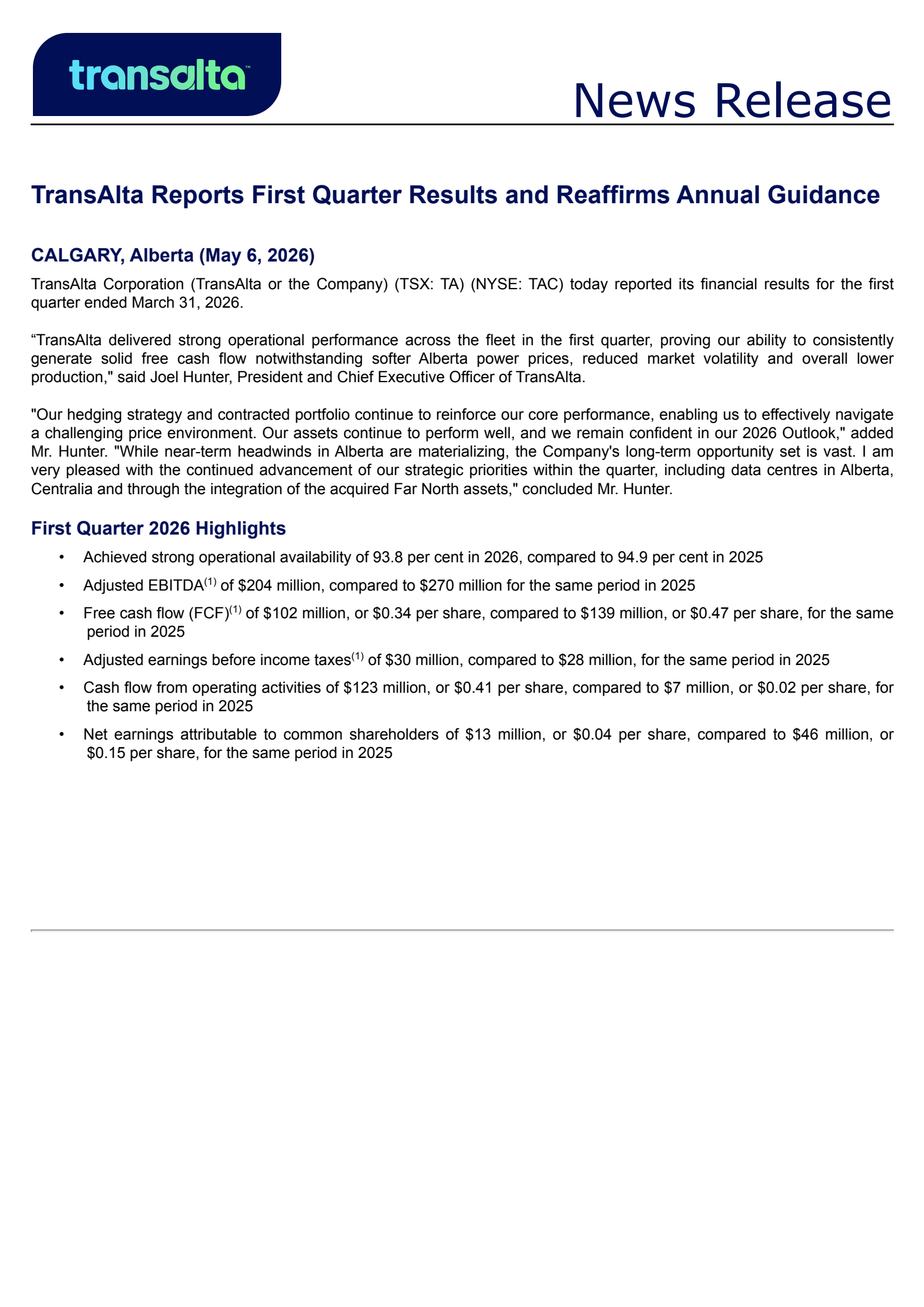 TransAlta's Q1 2026 Press Release