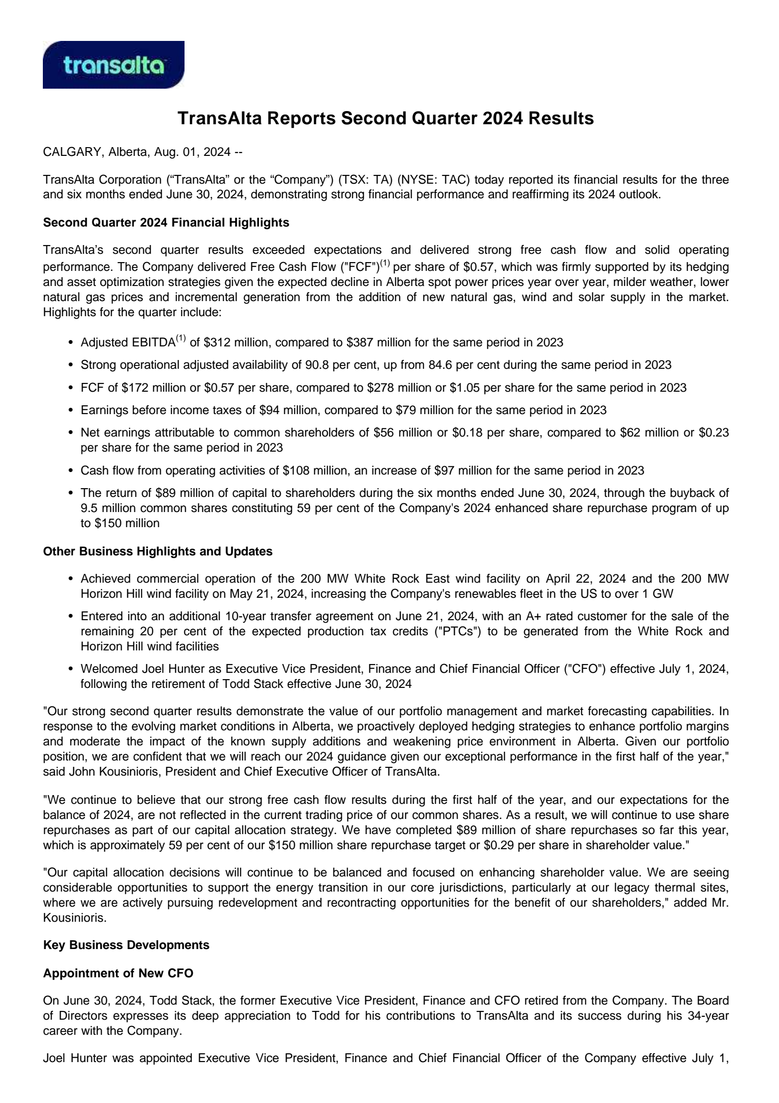 TransAlta's Q2 2024 Press Release