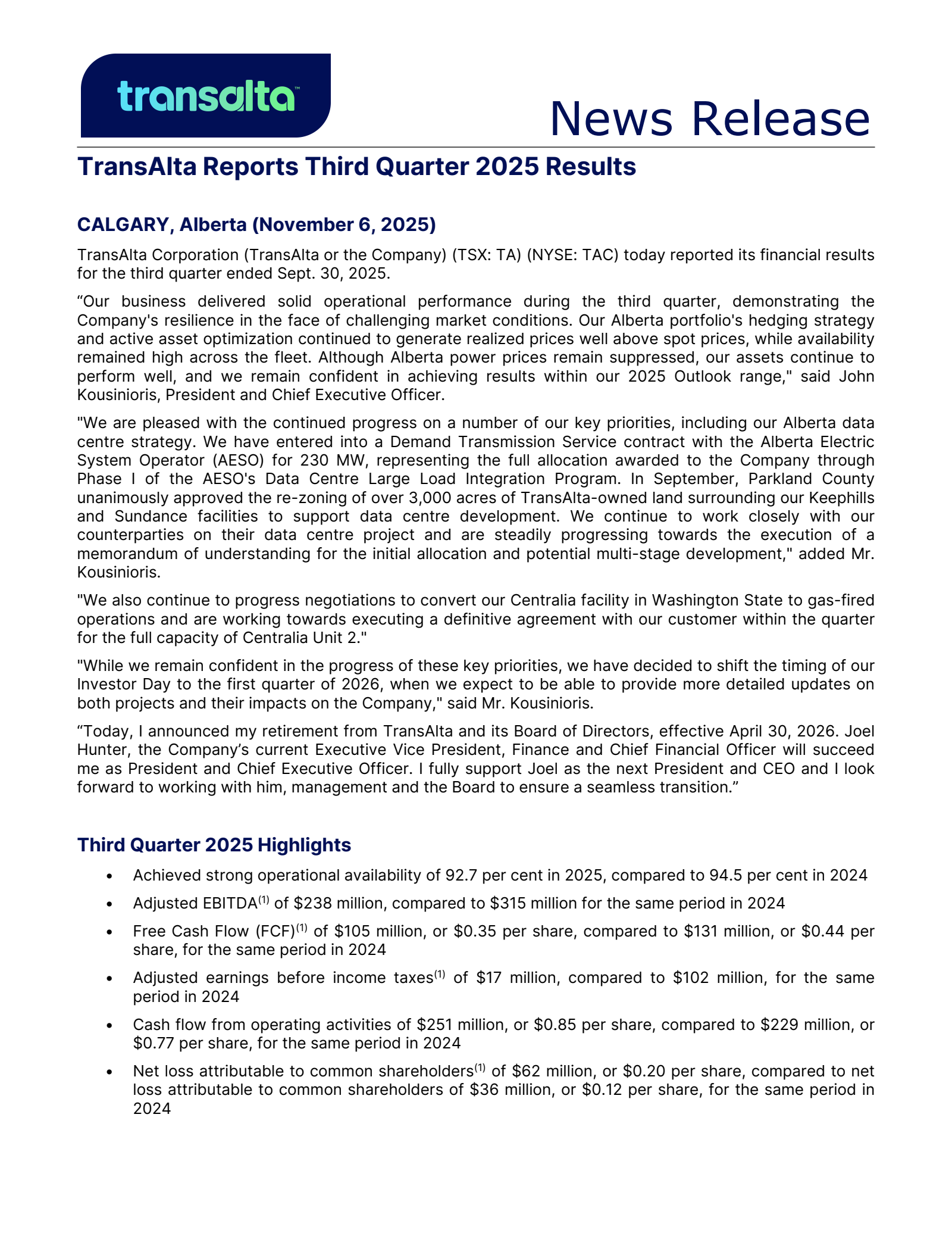 TransAlta's Q3 2025 Press Release