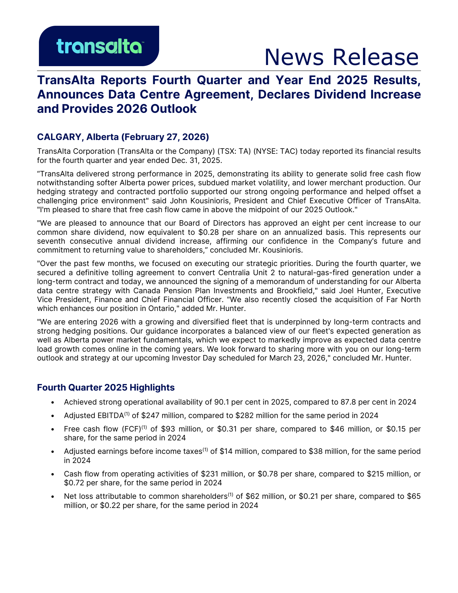TransAlta's Q4 2025 Press Release