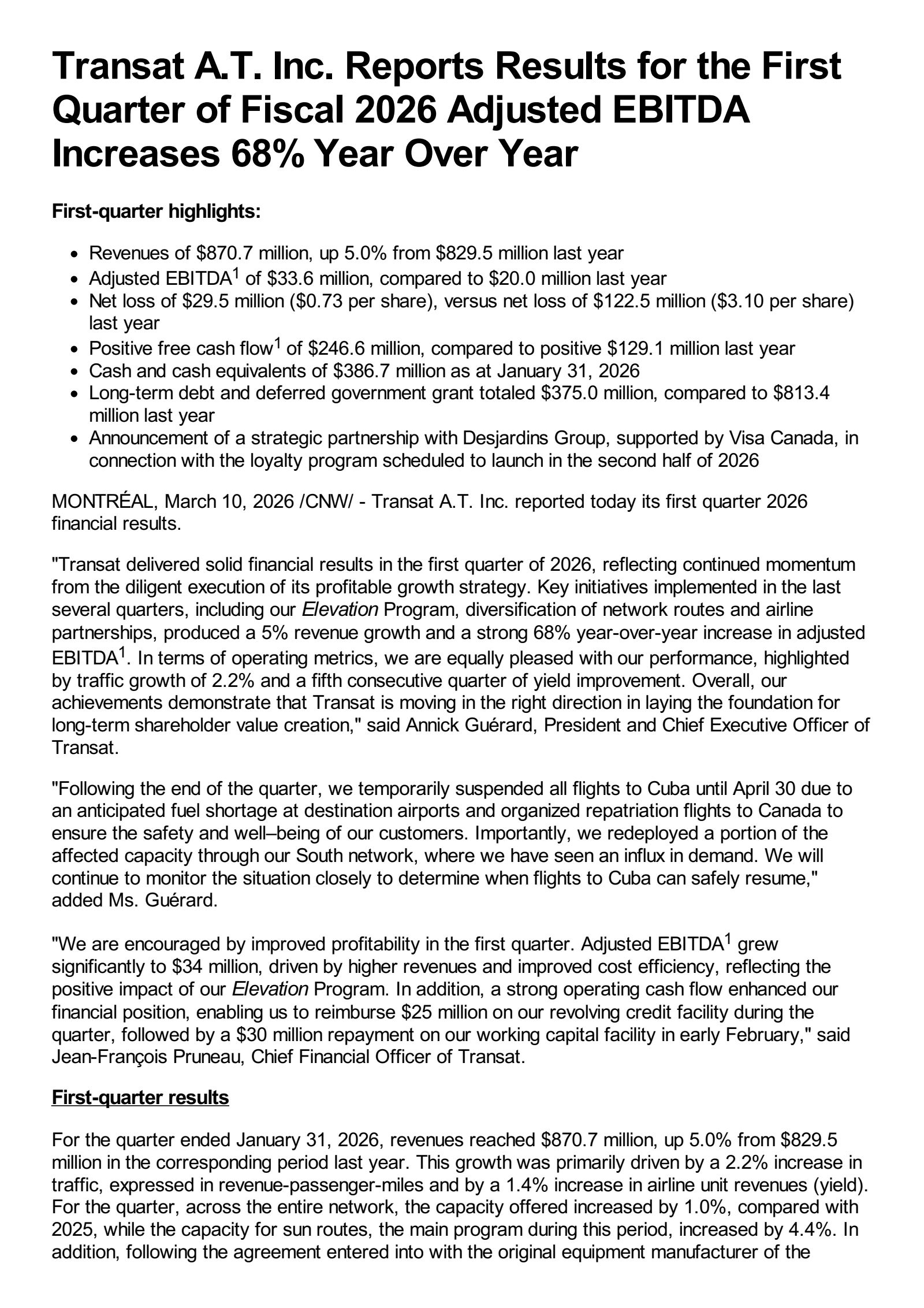 Transat A.T.'s Q1 2026 Press Release