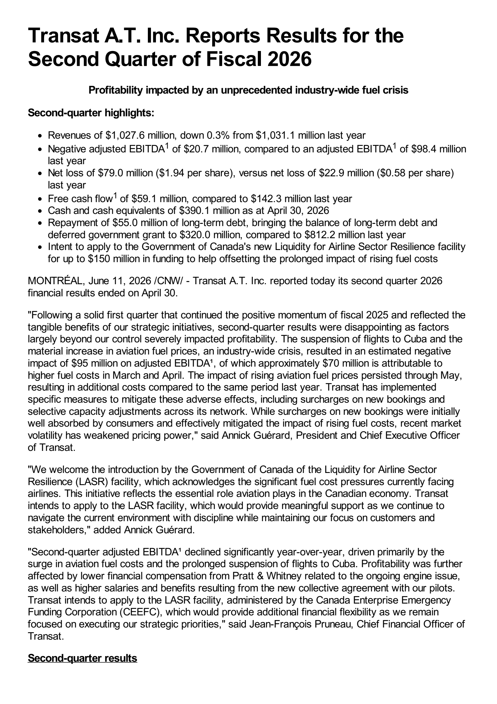 Transat A.T.'s Q2 2026 Press Release