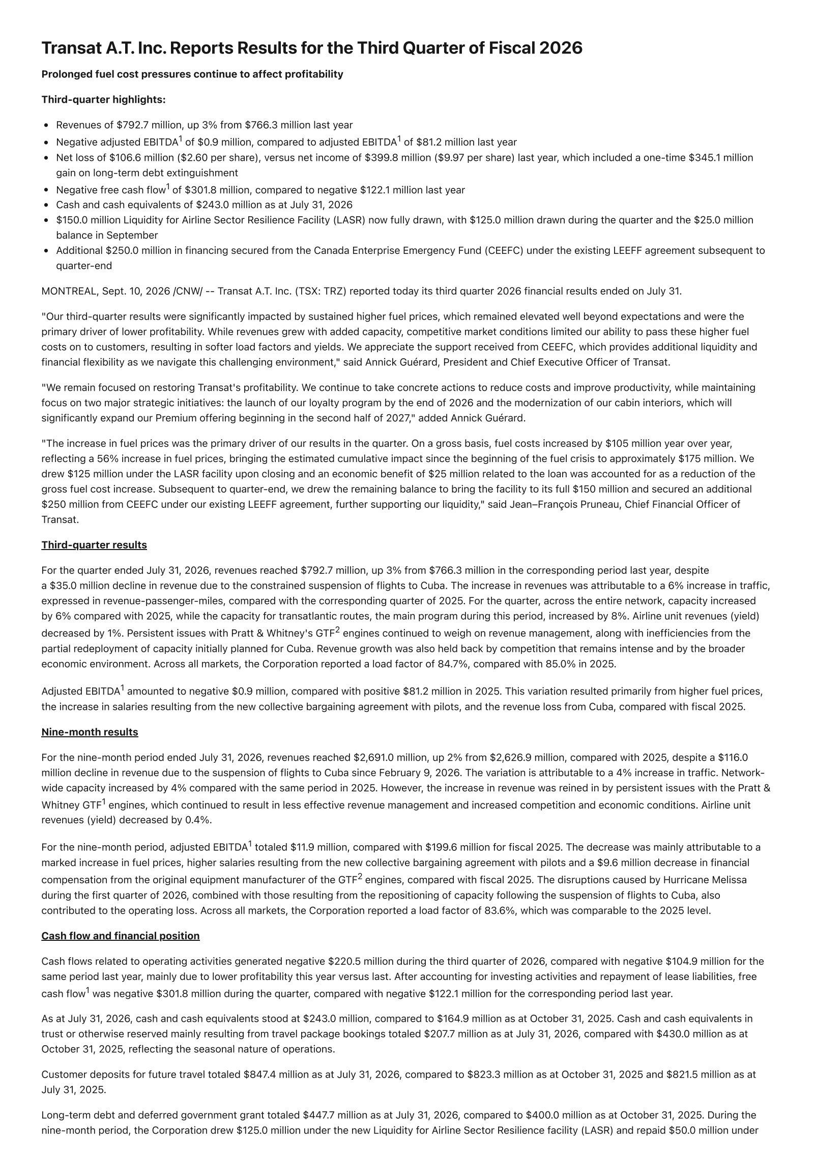 Transat A.T.'s Q3 2026 Press Release