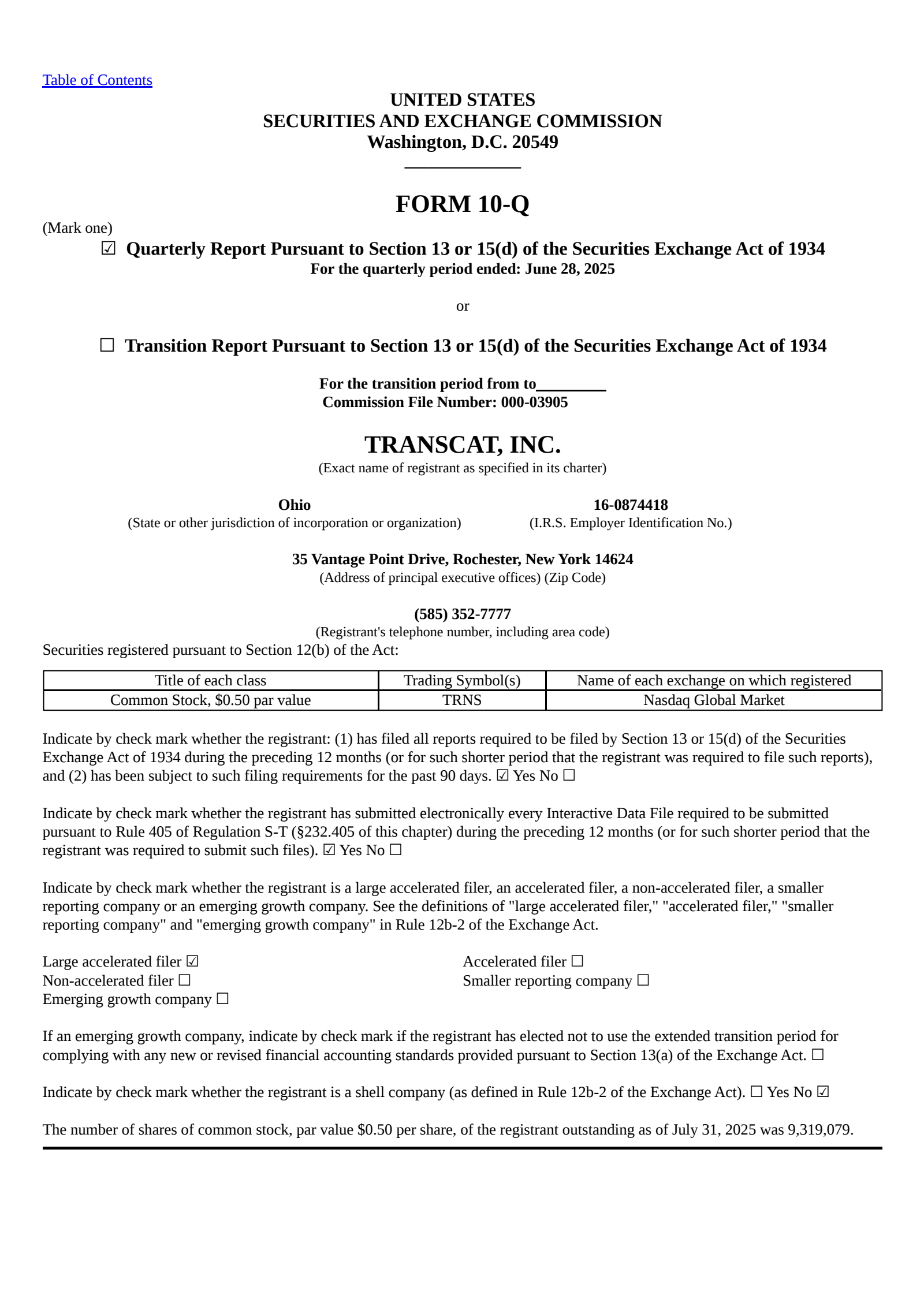 Transcat's Q1 2026 Quarterly report