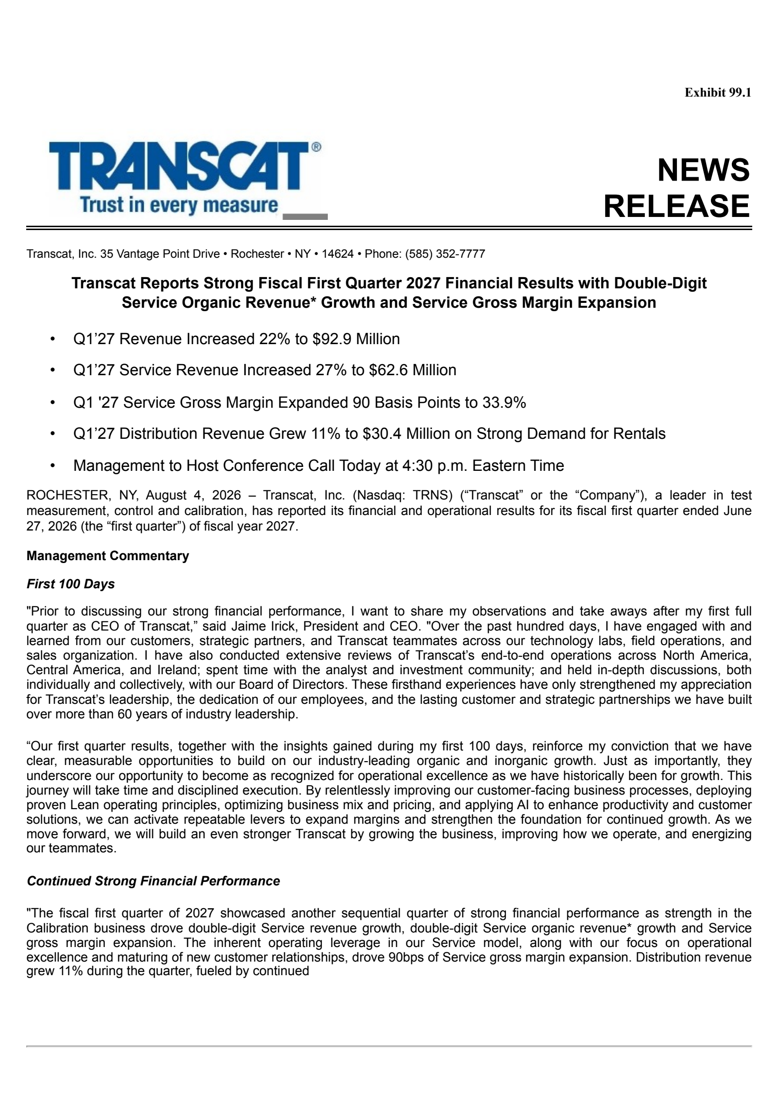 Transcat's Q1 2027 Press Release