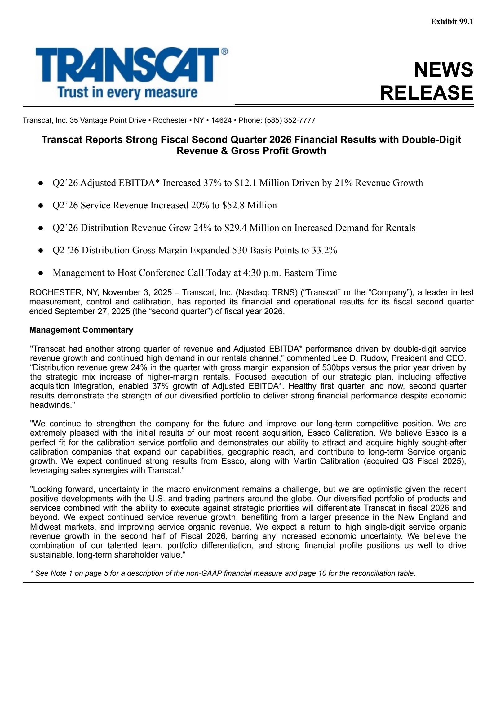Transcat's Q2 2026 Earnings Release