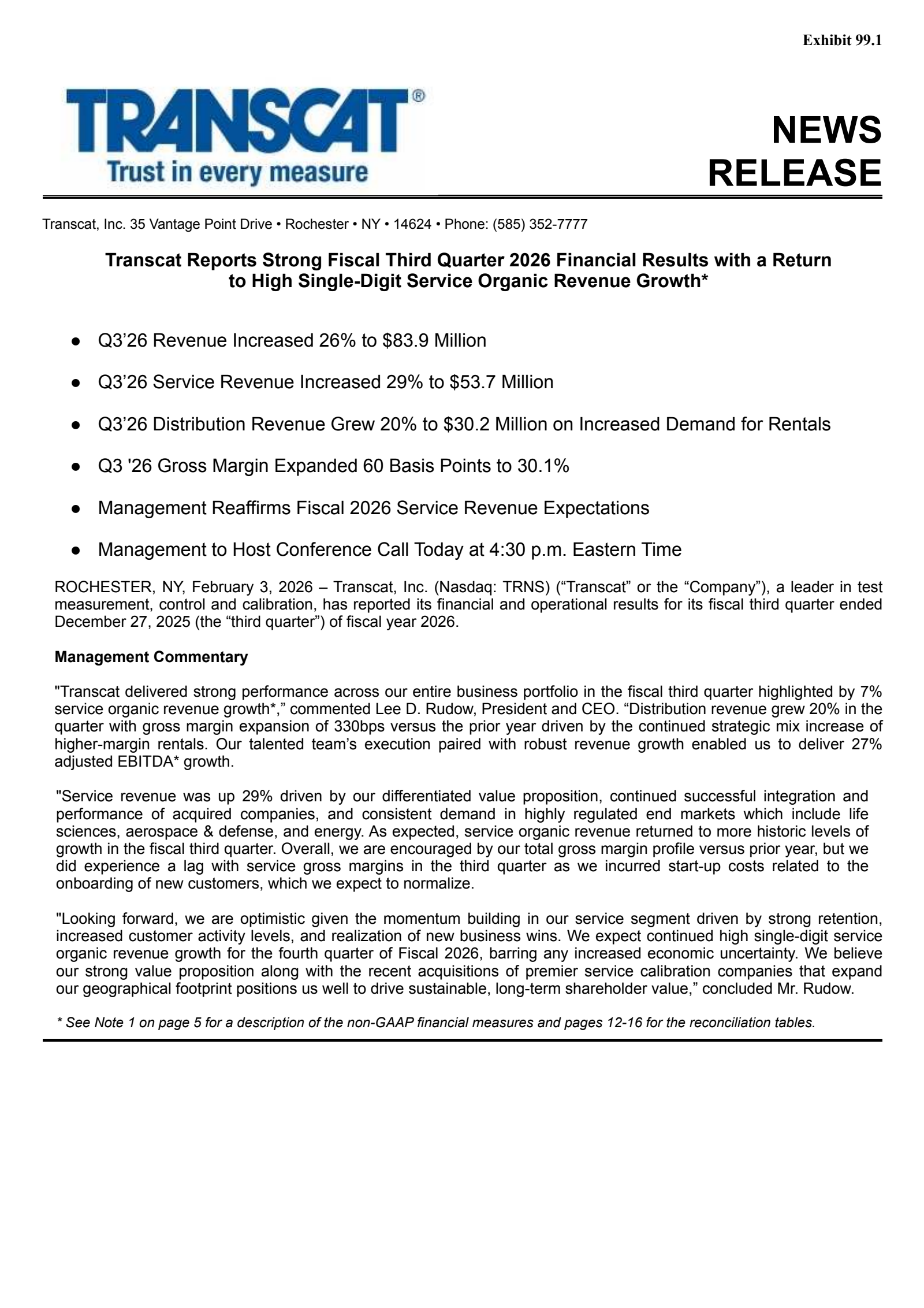 Transcat's Q3 2026 Press Release