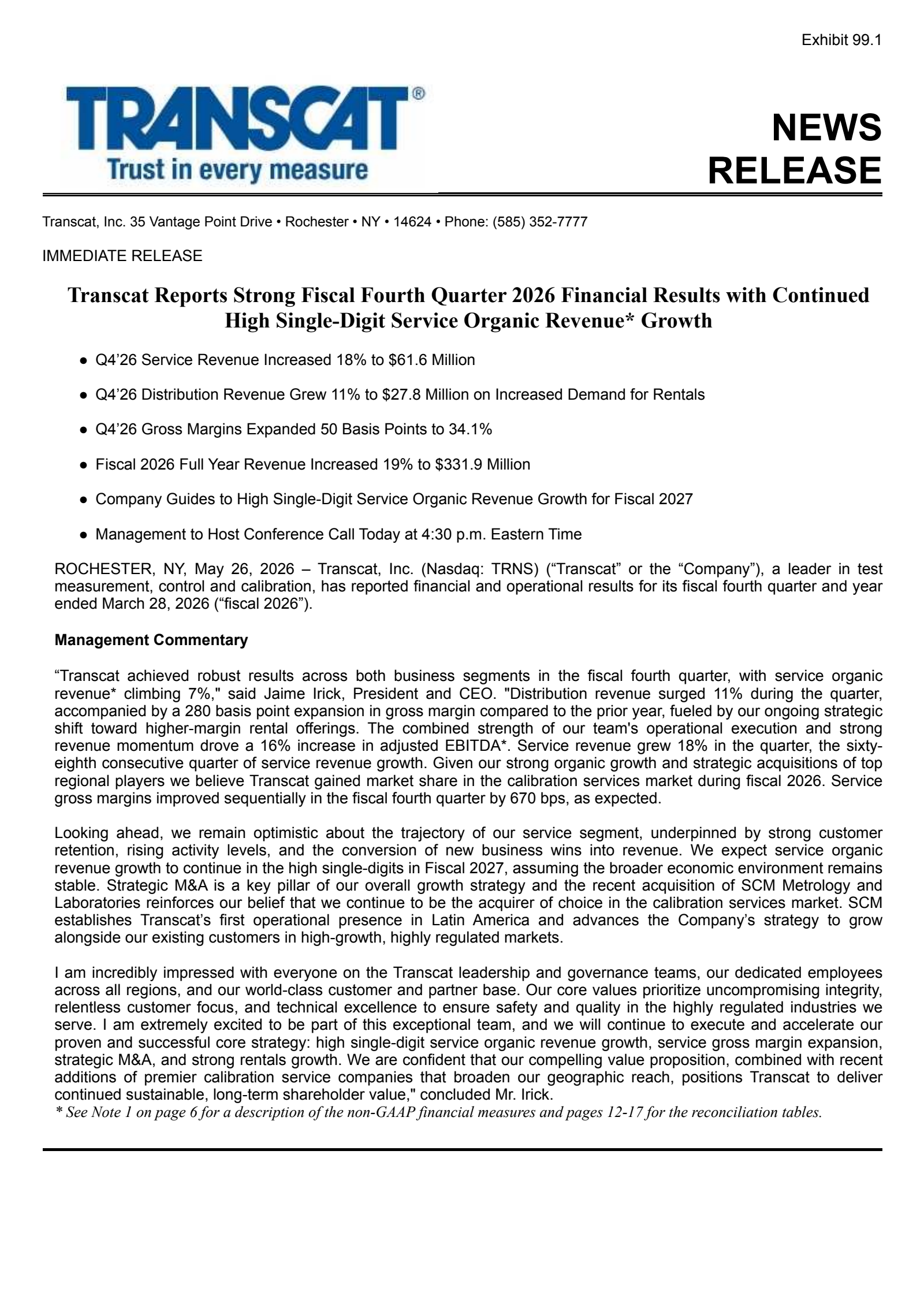 Transcat's Q4 2026 Press Release