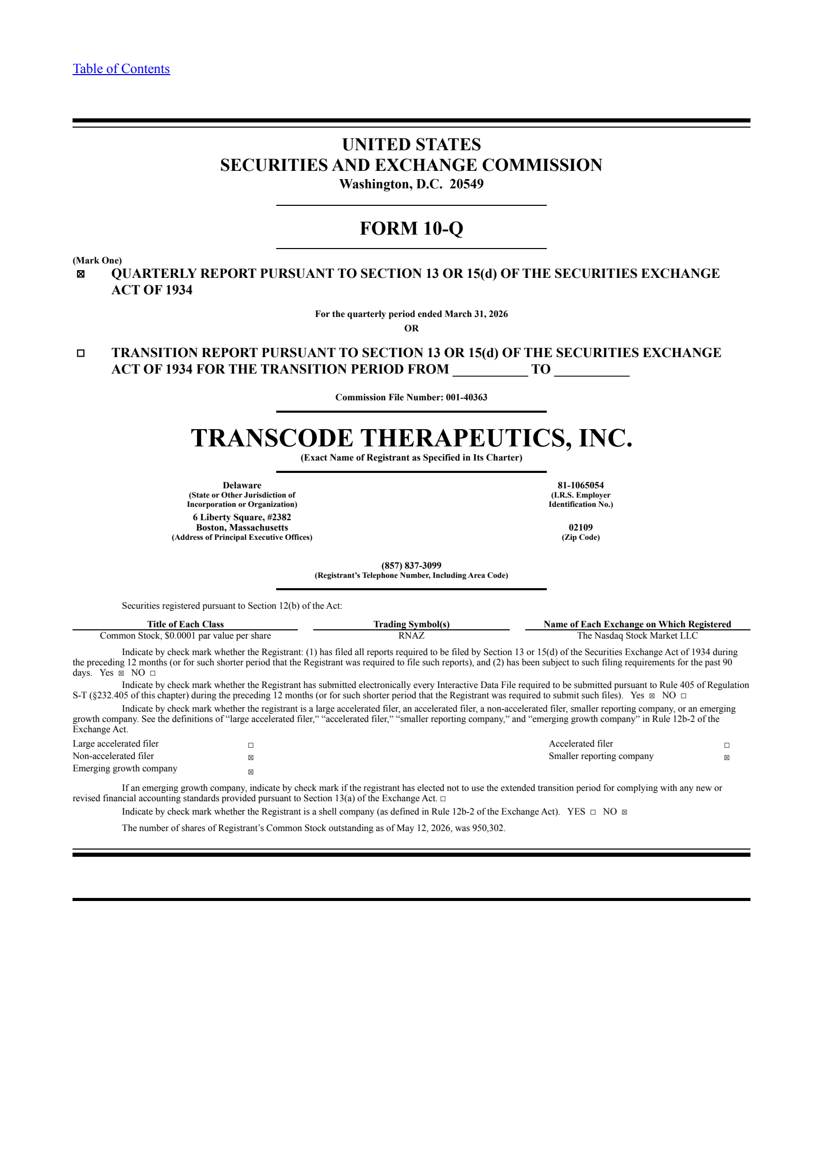 TransCode Therapeutics' Q1 2026 Quarterly report