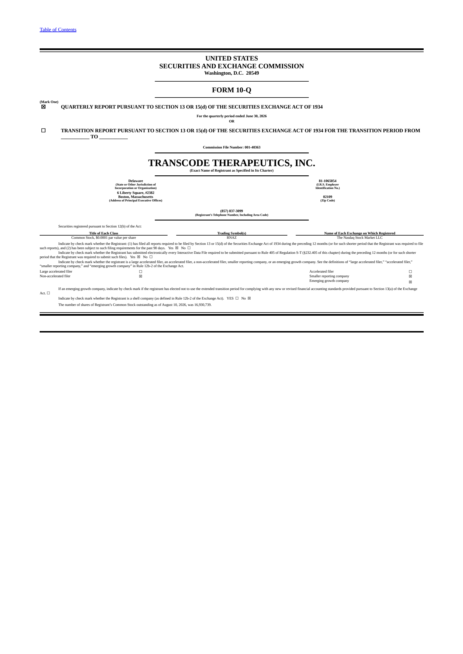 TransCode Therapeutics' Q2 2026 Quarterly report
