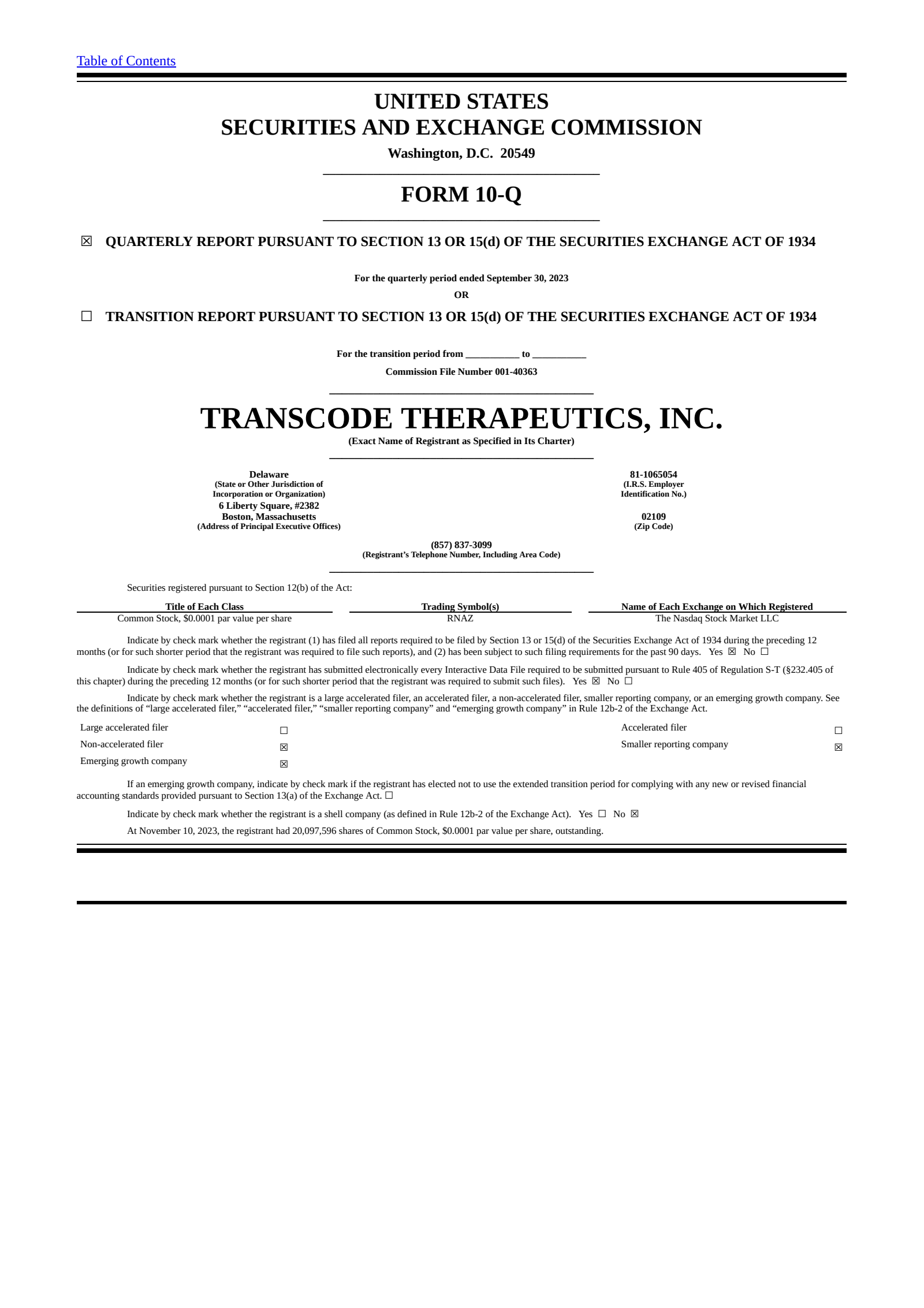 TransCode Therapeutics' Q3 2023 Quarterly Report