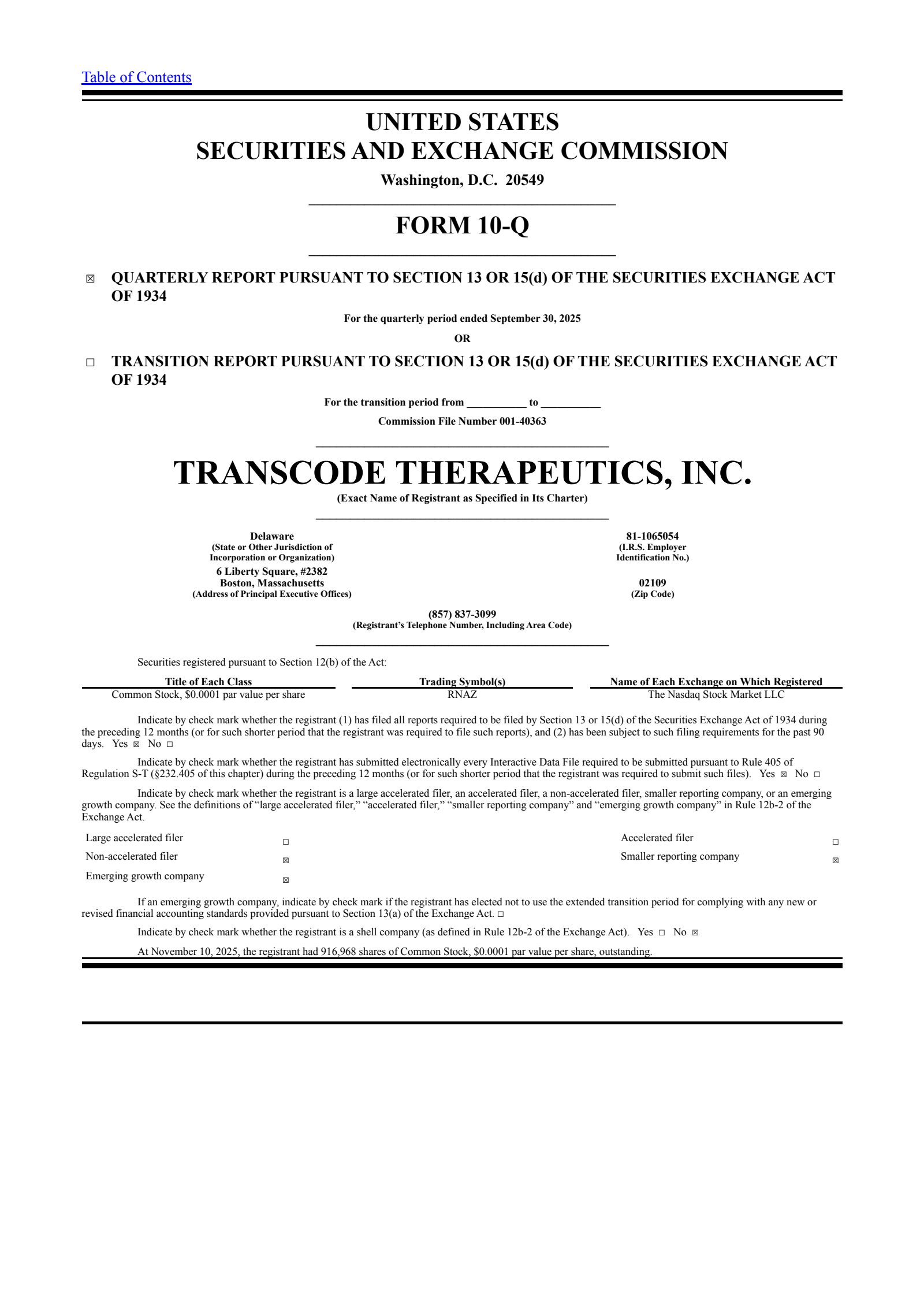 TransCode Therapeutics' Q3 2025 Quarterly Report