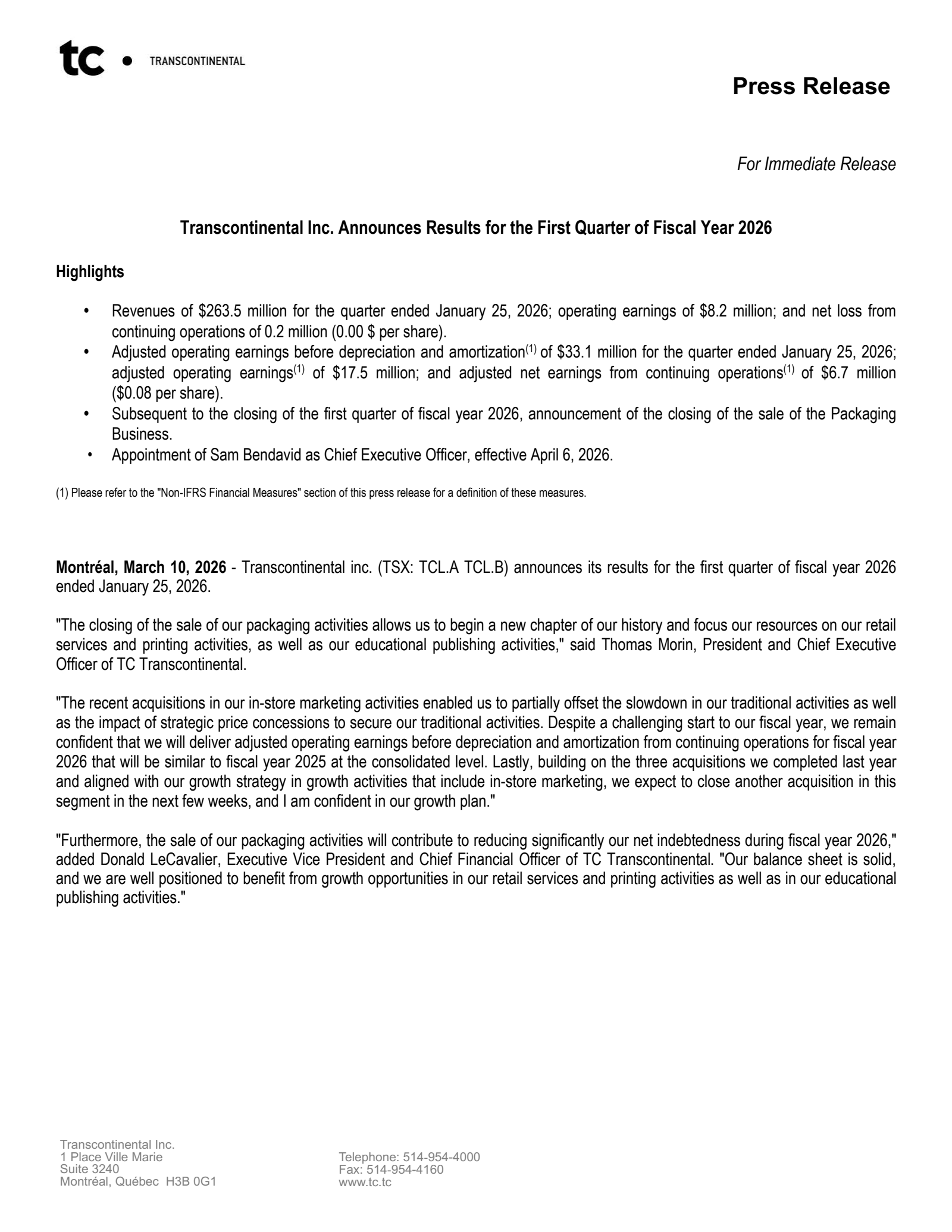 Transcontinental's Q1 2026 Press Release
