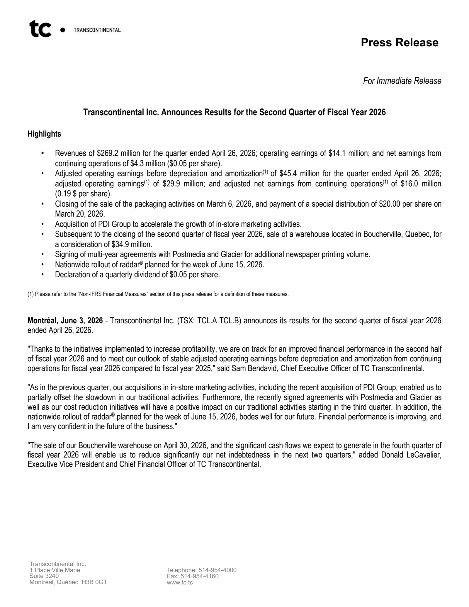 Transcontinental's Q2 2026 Press Release