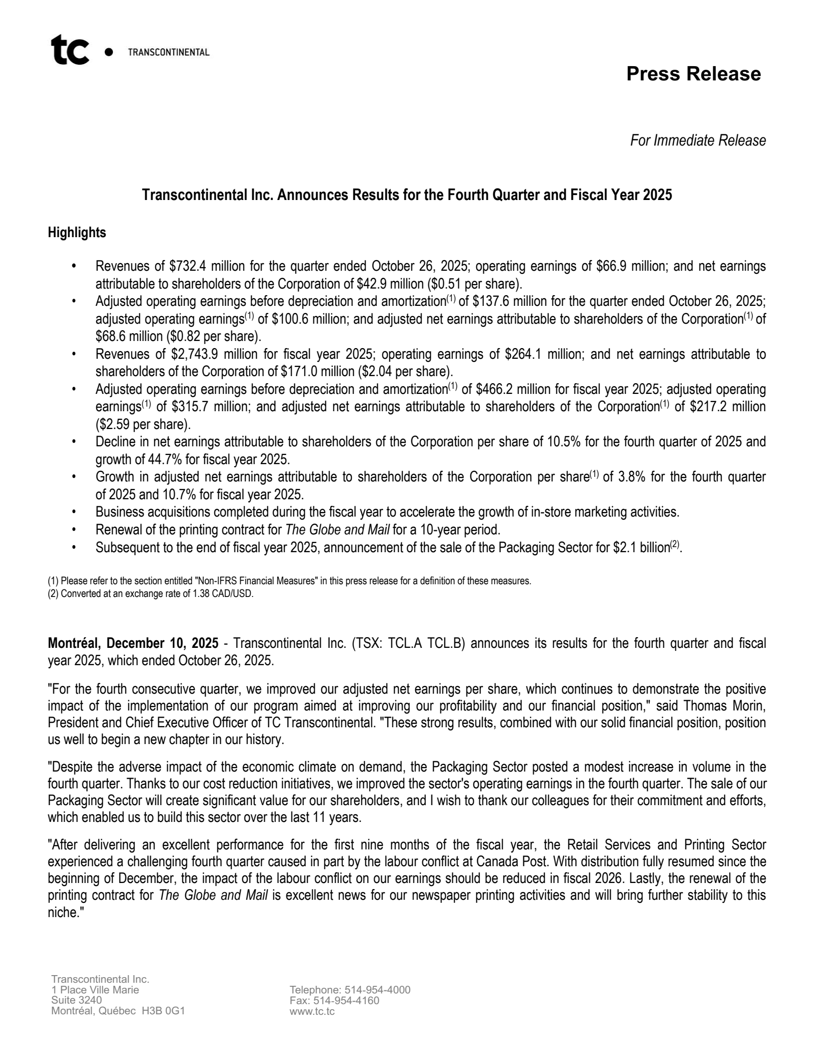 Transcontinental's Q4 2025 Earnings Release
