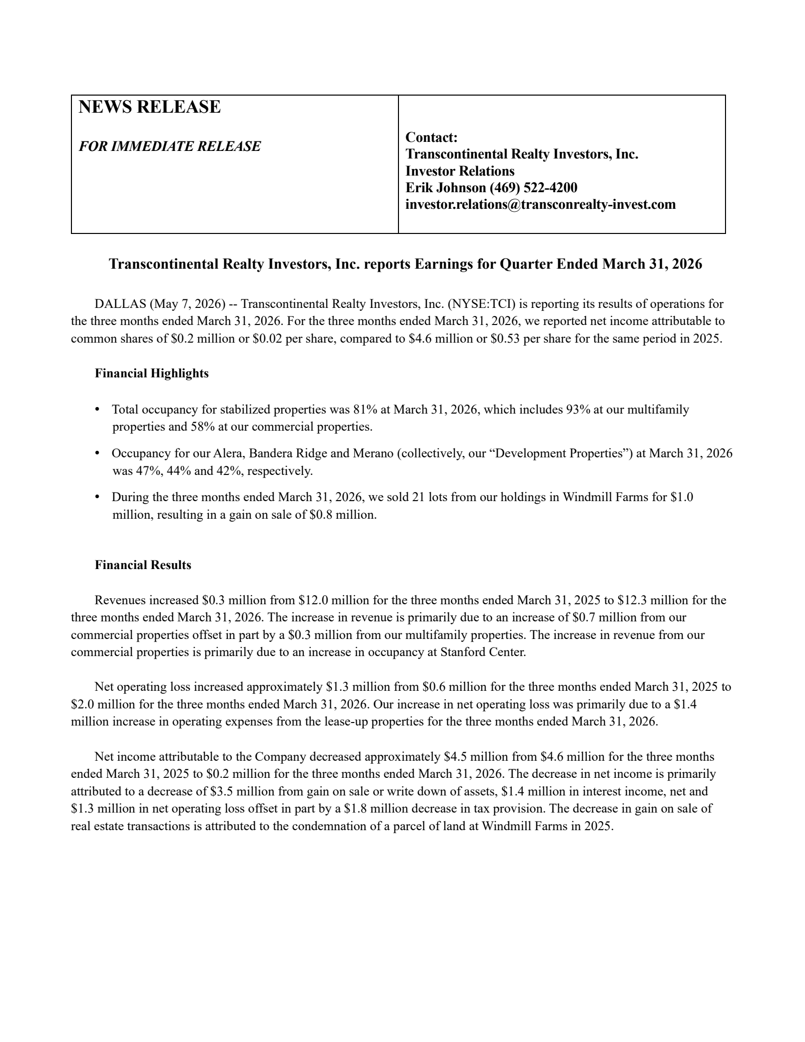 Transcontinental Realty Investors' Q1 2026 Press Release