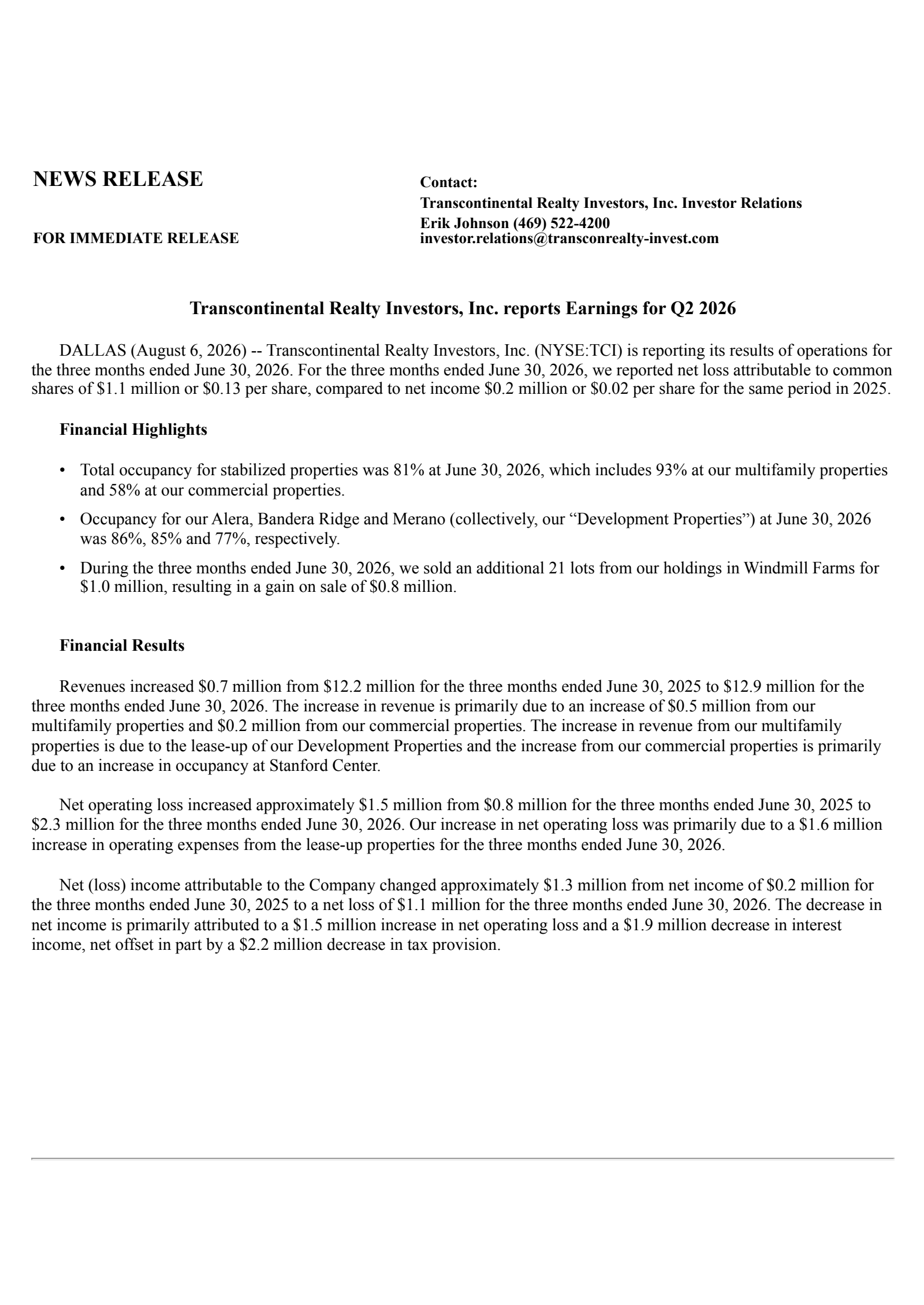 Transcontinental Realty Investors' Q2 2026 Press Release