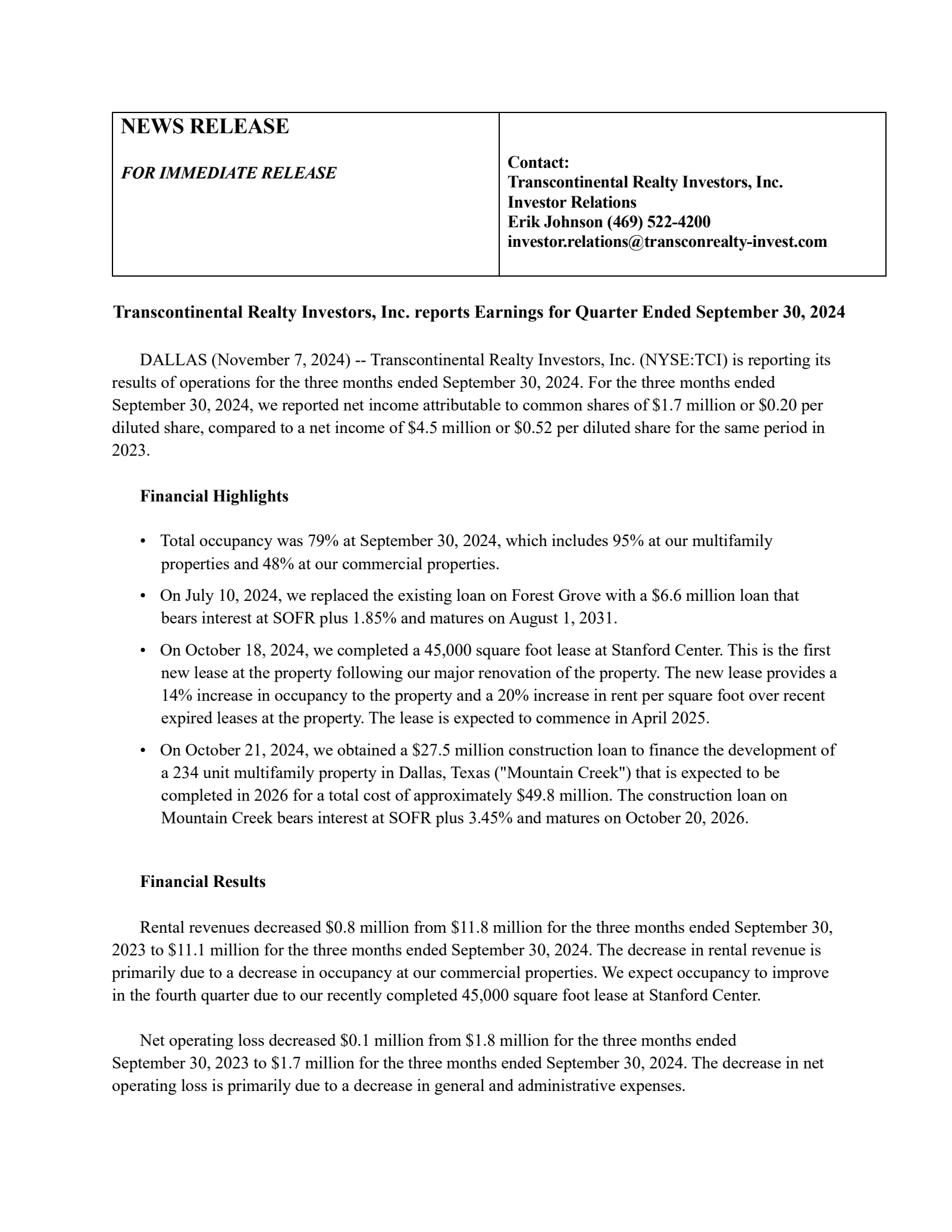 Transcontinental Realty Investors' Q3 2024 Press Release
