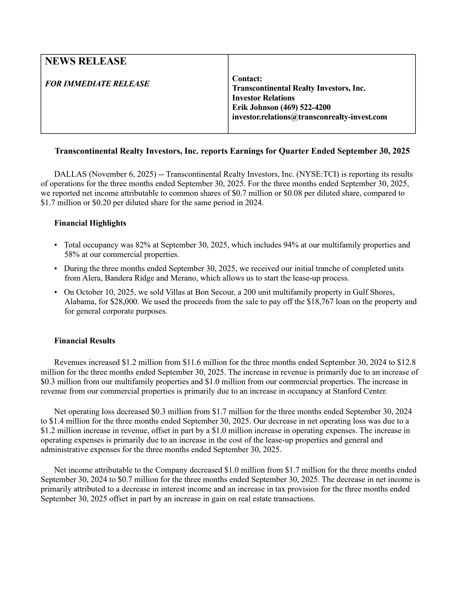 Transcontinental Realty Investors' Q3 2025 Press Release