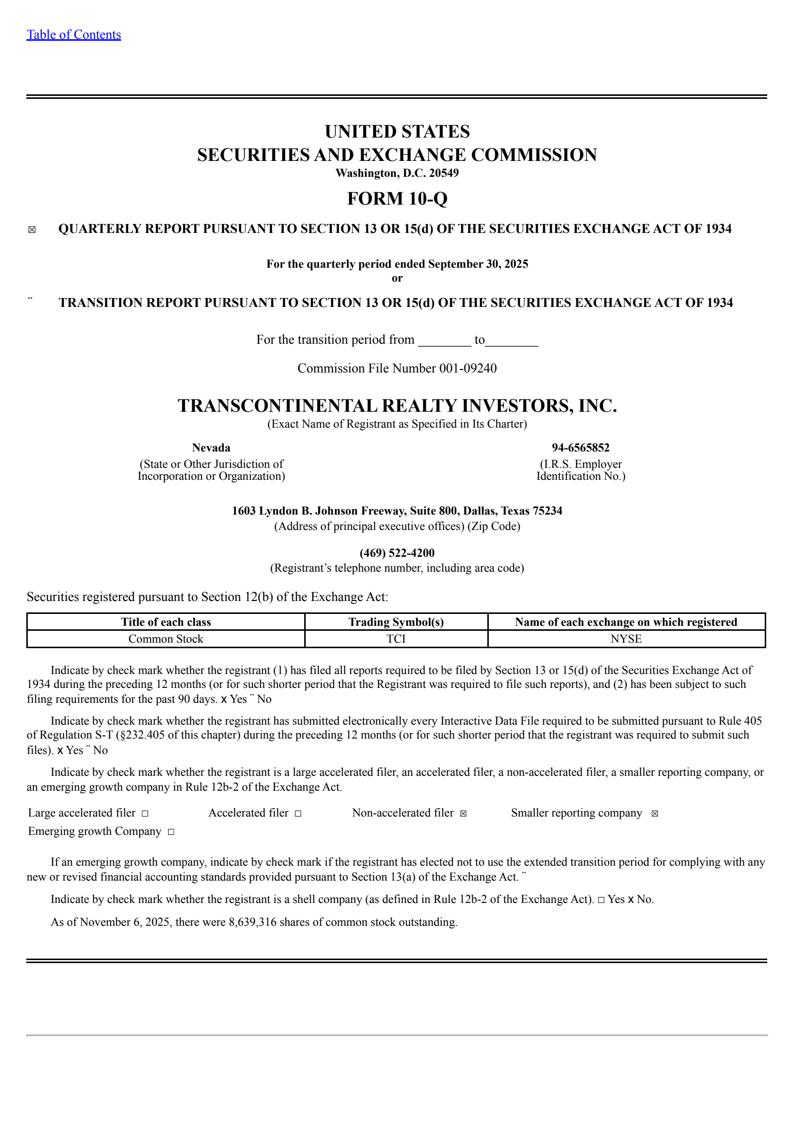 Transcontinental Realty Investors' Q3 2025 Quarterly report