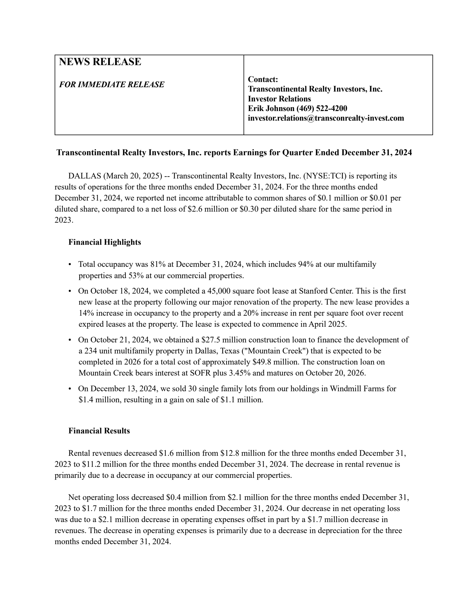 Transcontinental Realty Investors' Q4 2024 Press Release