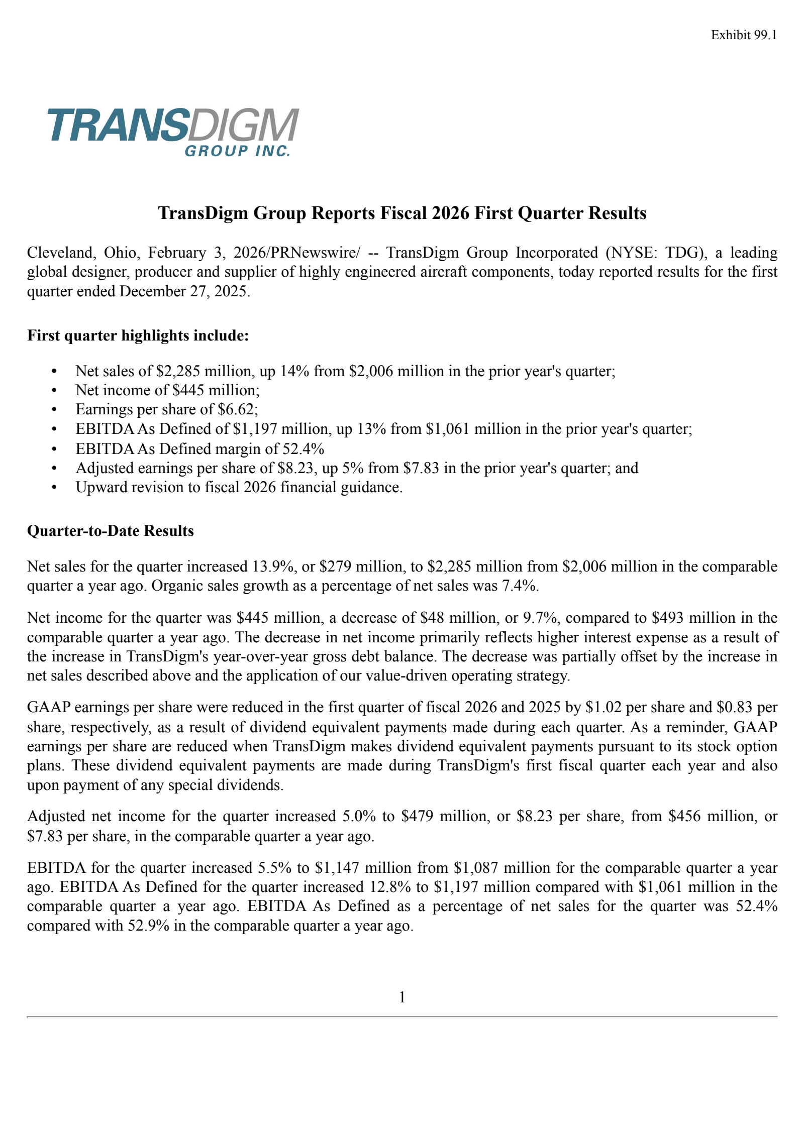 Transdigm Group's Q1 2026 Press Release