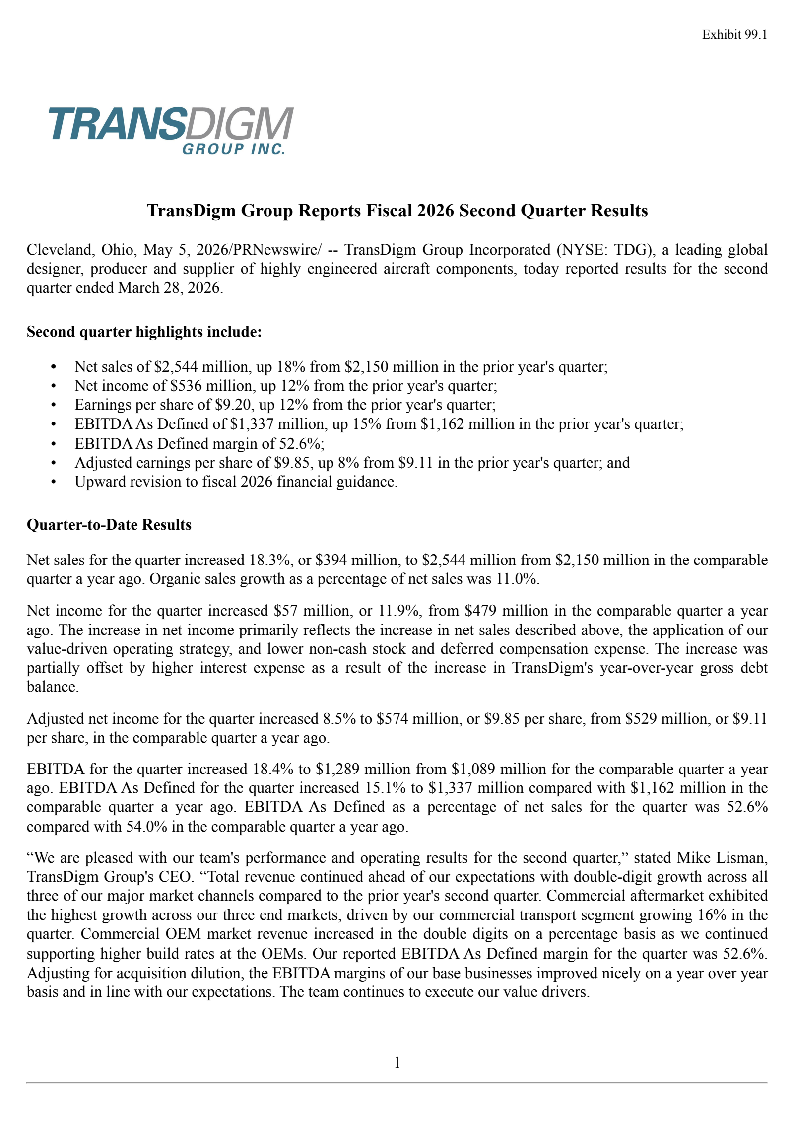 Transdigm Group's Q2 2026 Press Release