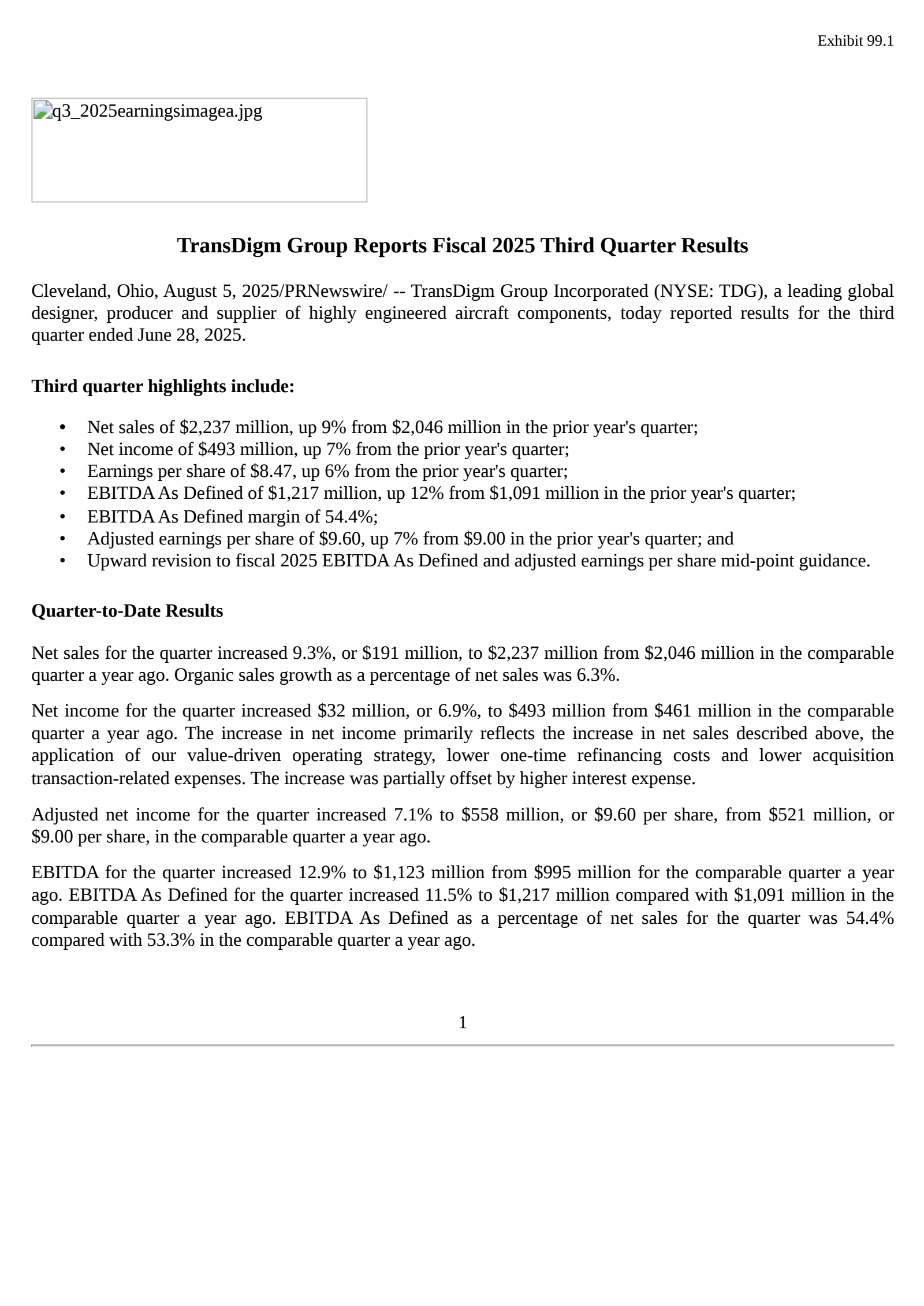 Transdigm Group's Q3 2025 Press Release