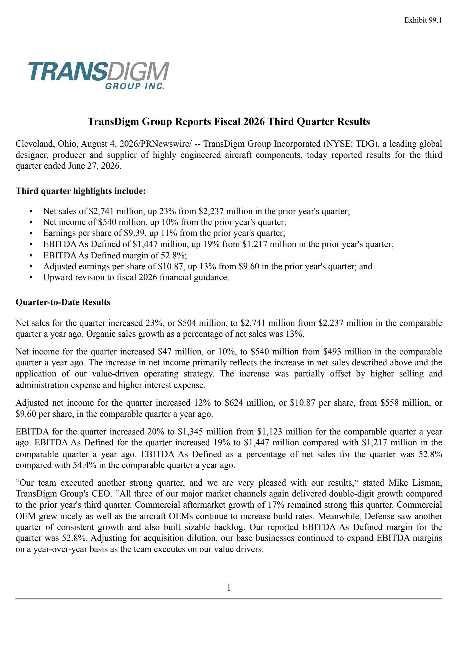 Transdigm Group's Q3 2026 Press Release