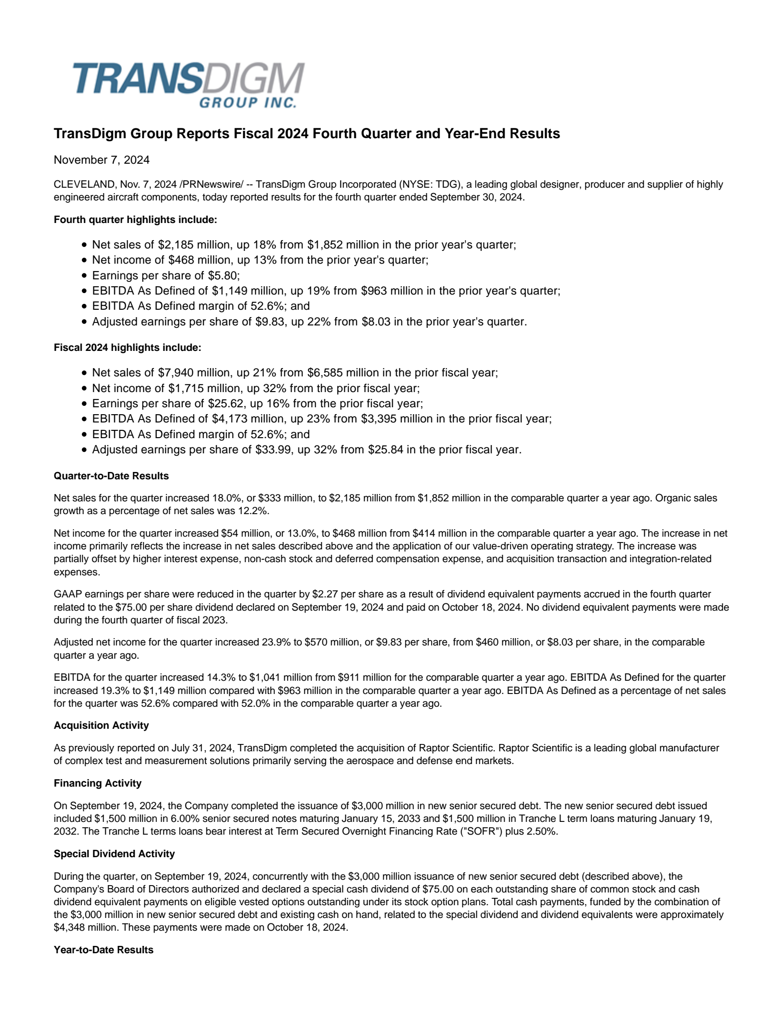 TransDigm Group's Q4 2024 Press Release