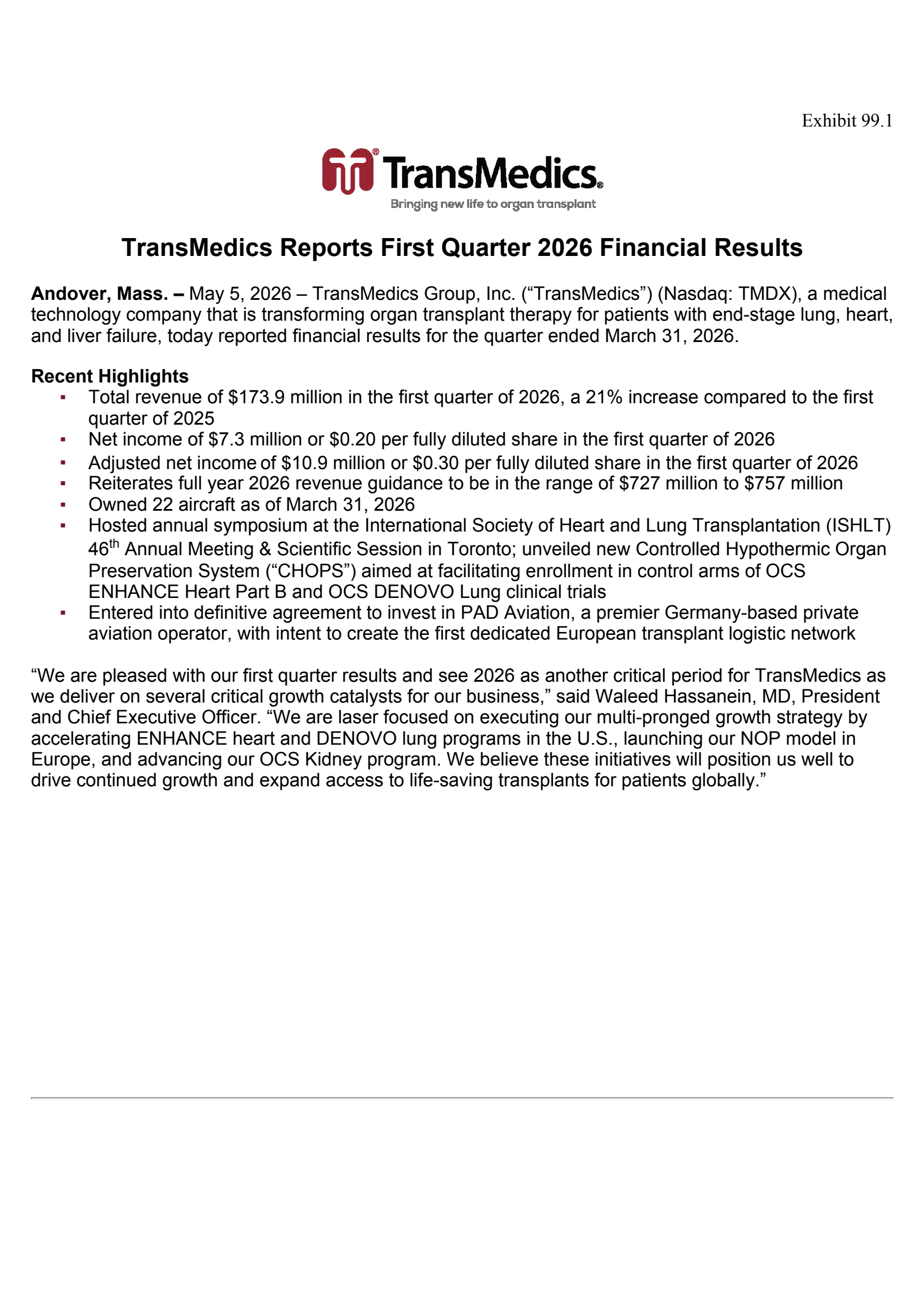 TransMedics Group's Q1 2026 Press Release