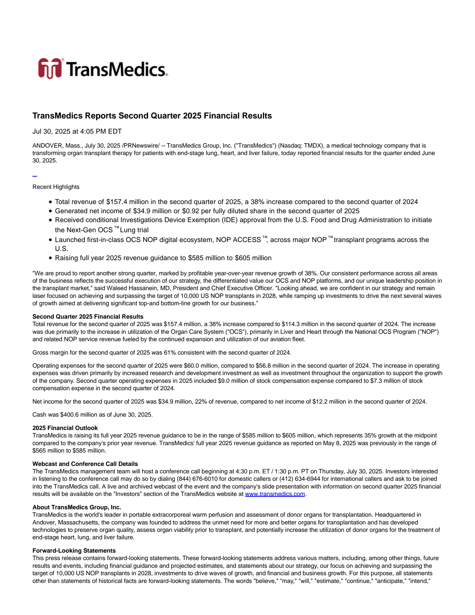 TransMedics Group's Q2 2025 Press Release