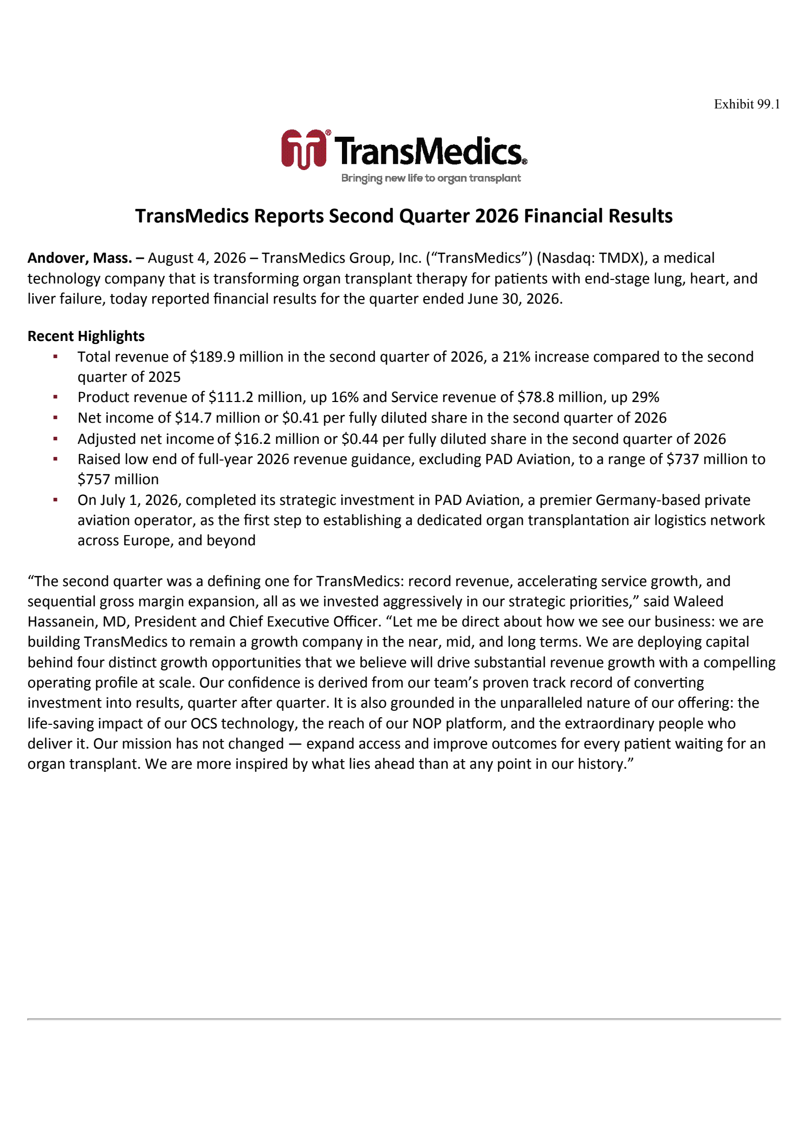 TransMedics Group's Q2 2026 Press Release