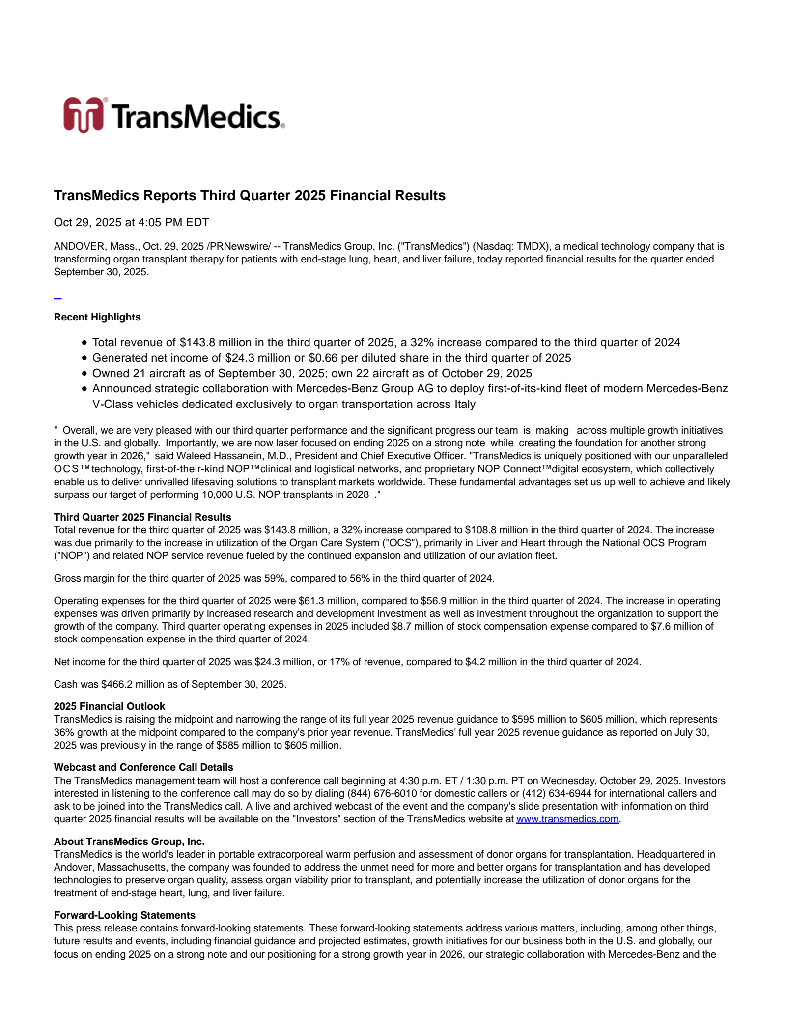 TransMedics Group's Q3 2025 Earnings Release