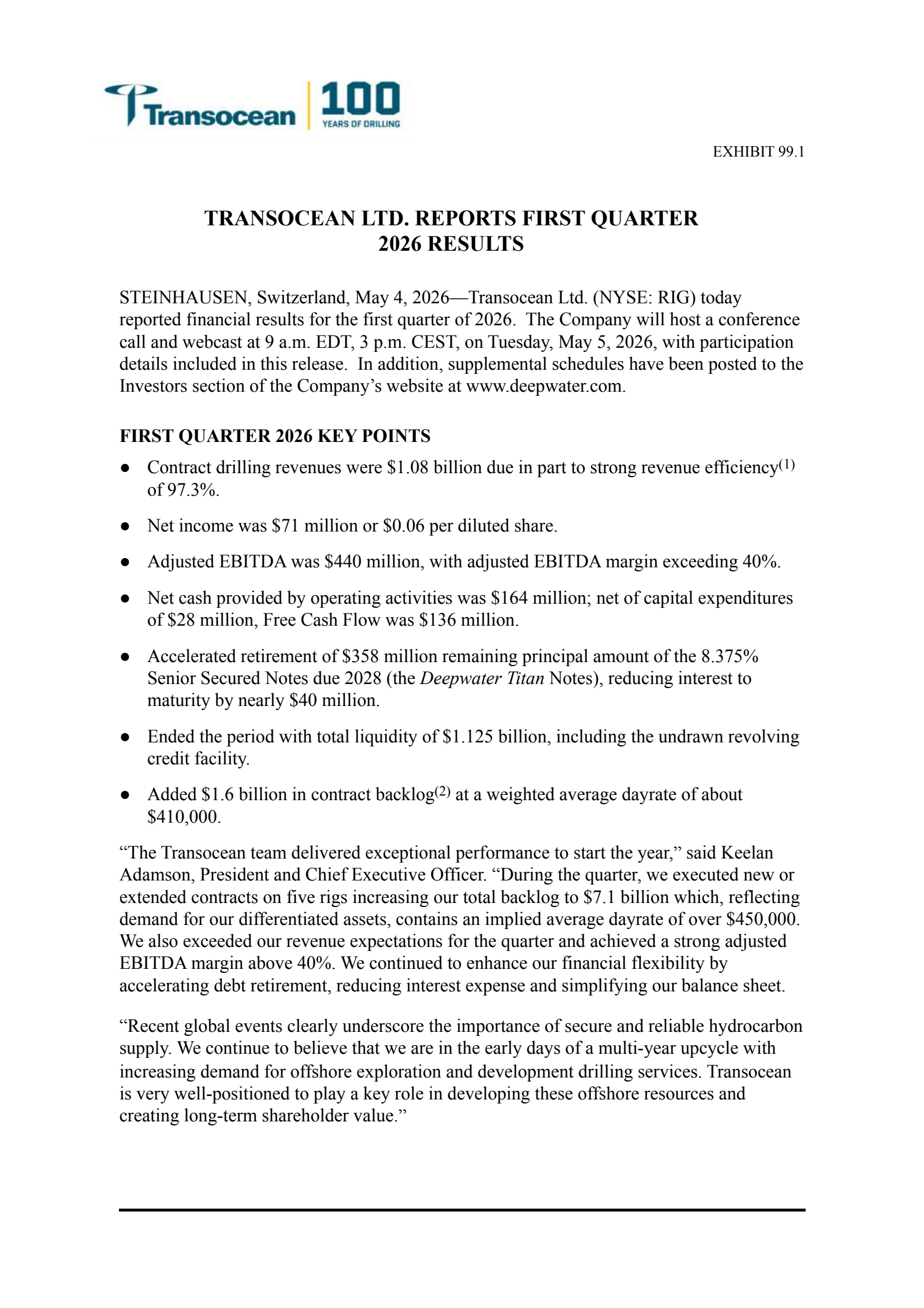 Transocean's Q1 2026 Press Release