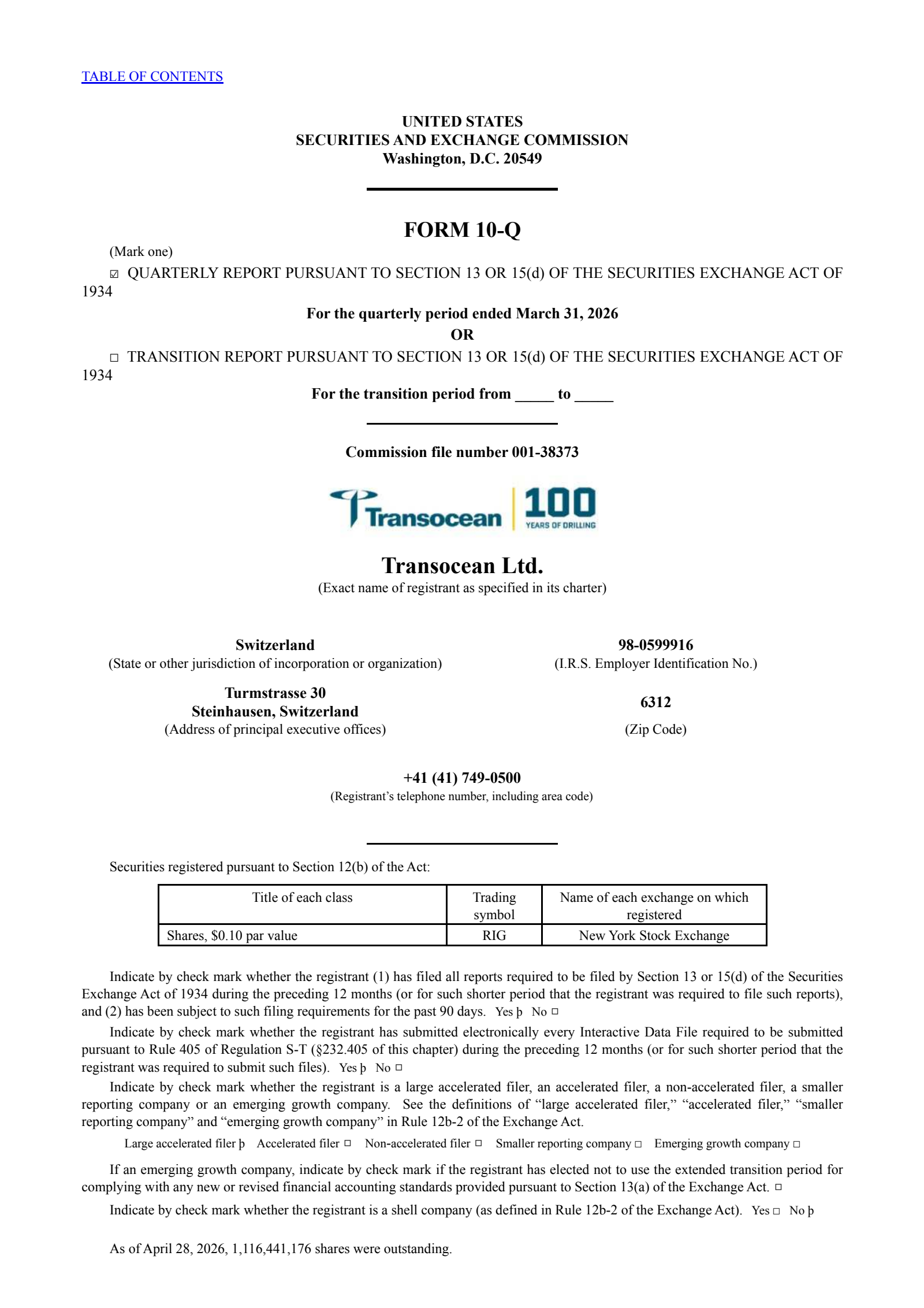 Transocean's Q1 2026 Quarterly report