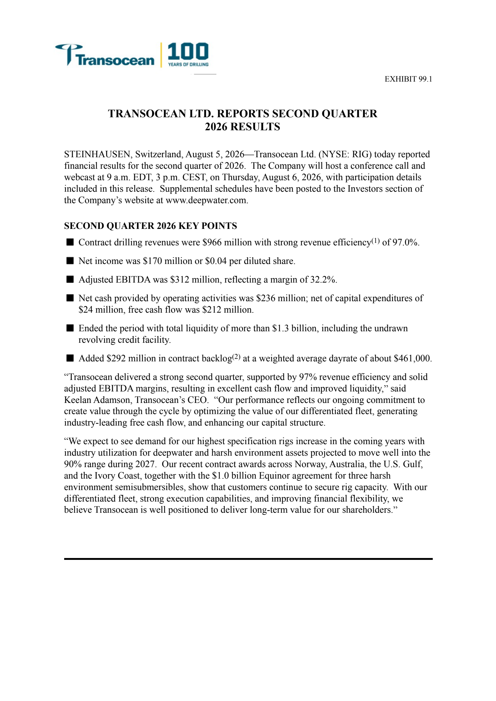 Transocean's Q2 2026 Press Release