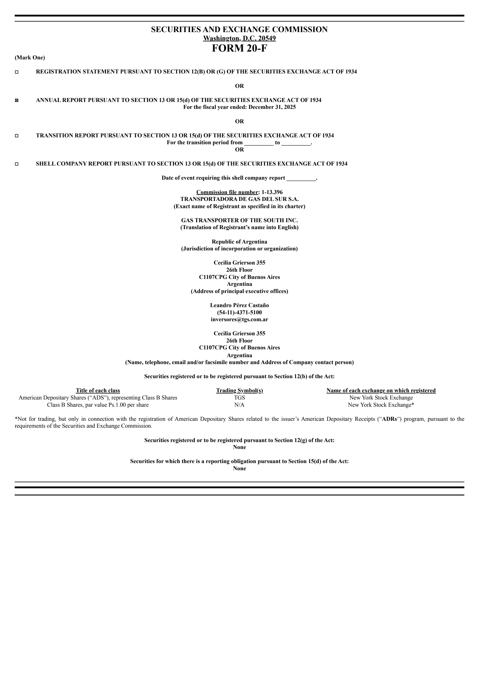 Transportadora De Gas Sa Ord B's Q4 2025 Annual report