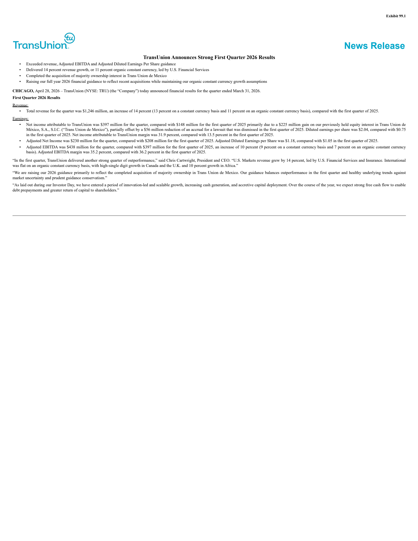 TransUnion's Q1 2026 Press Release