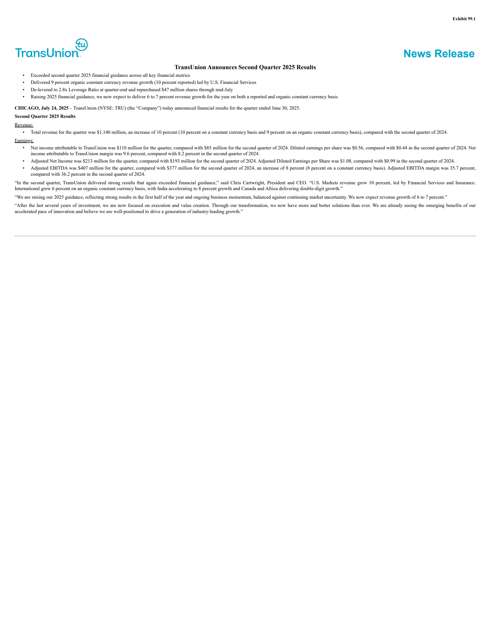 TransUnion's Q2 2025 Press Release