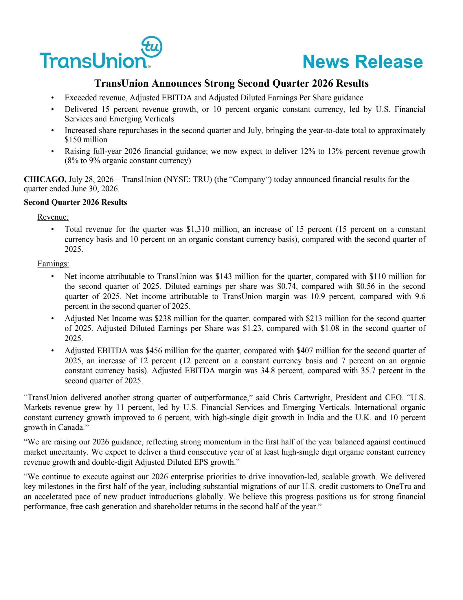 TransUnion's Q2 2026 Press Release
