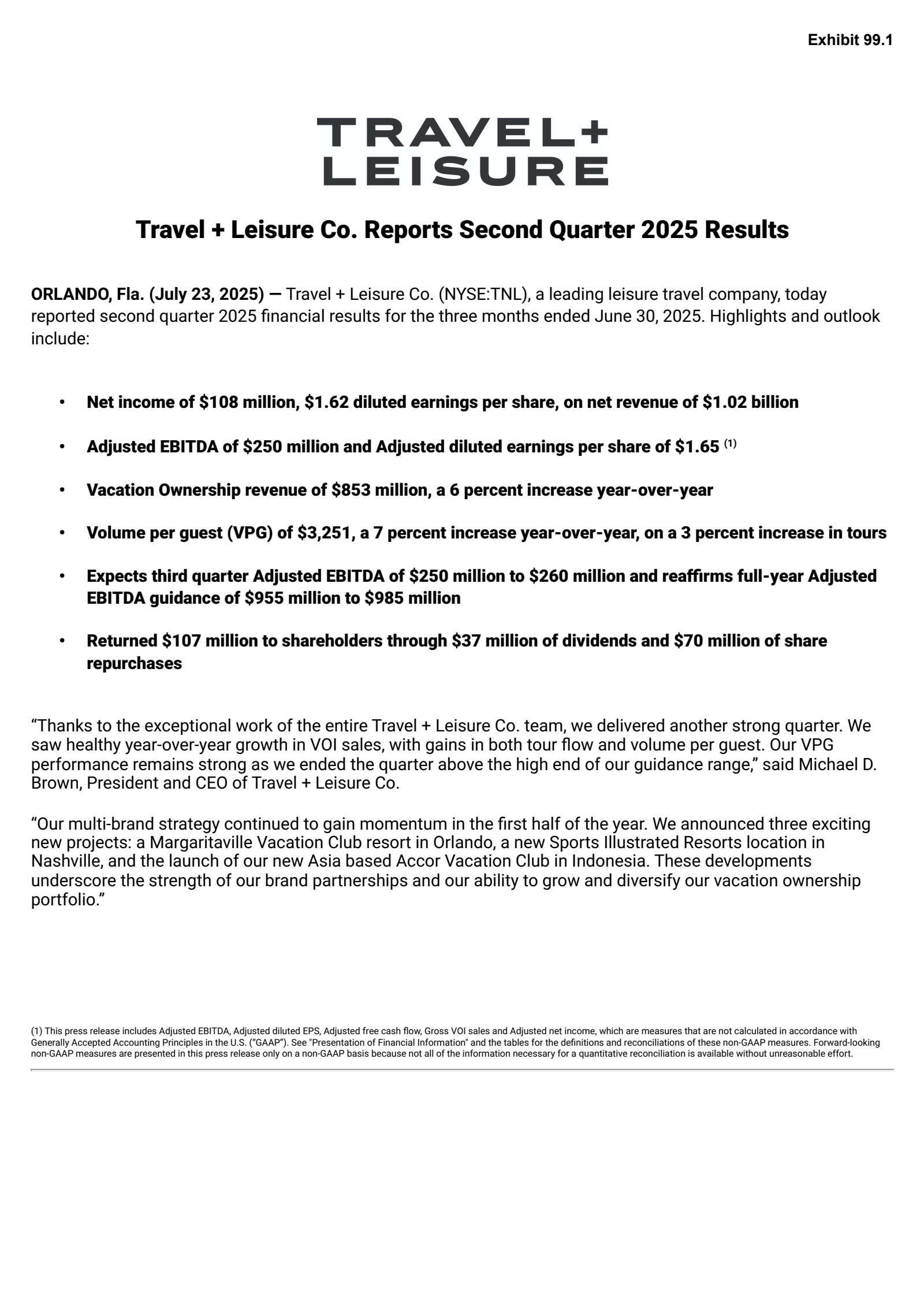 Travel + Leisure's Q2 2025 Press Release