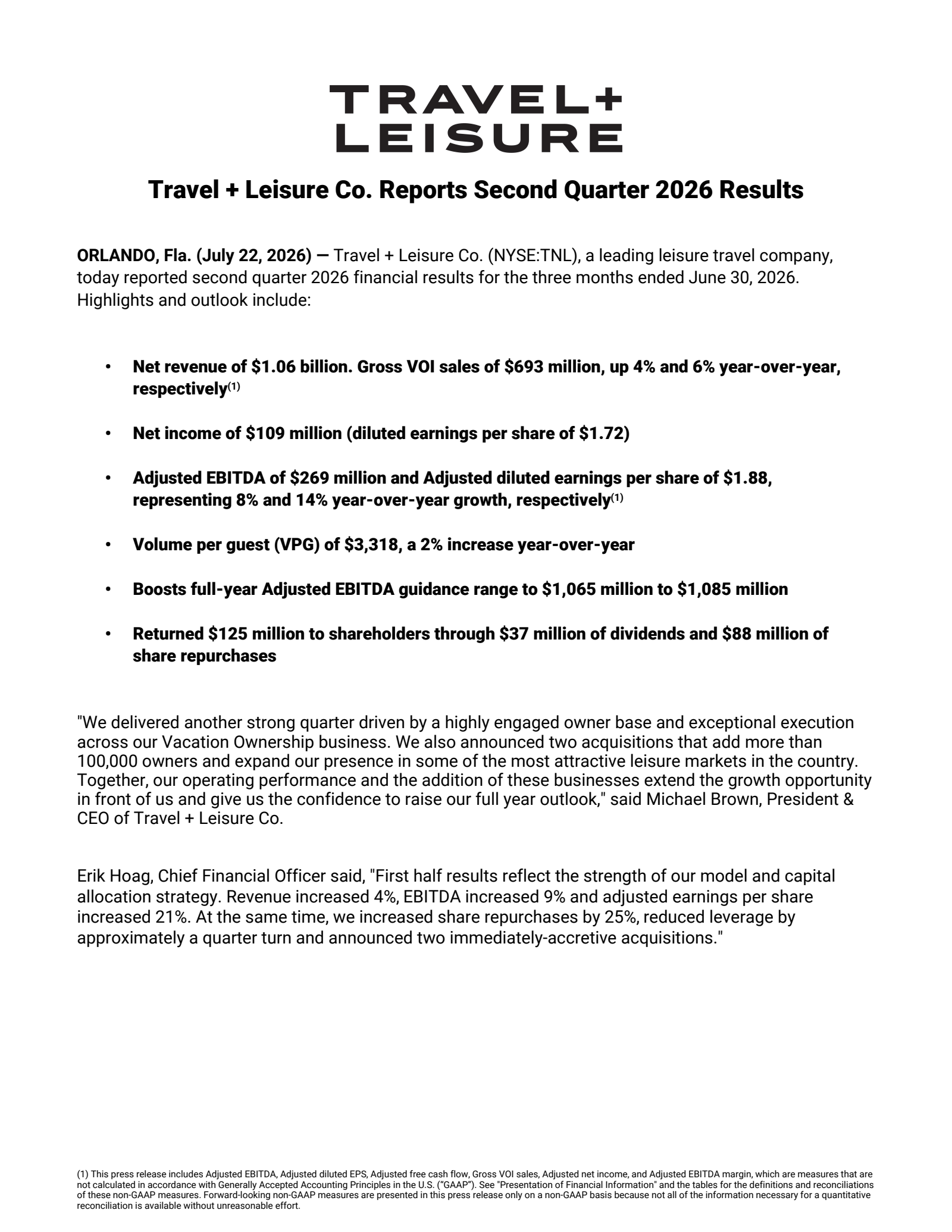 Travel + Leisure's Q2 2026 Press Release