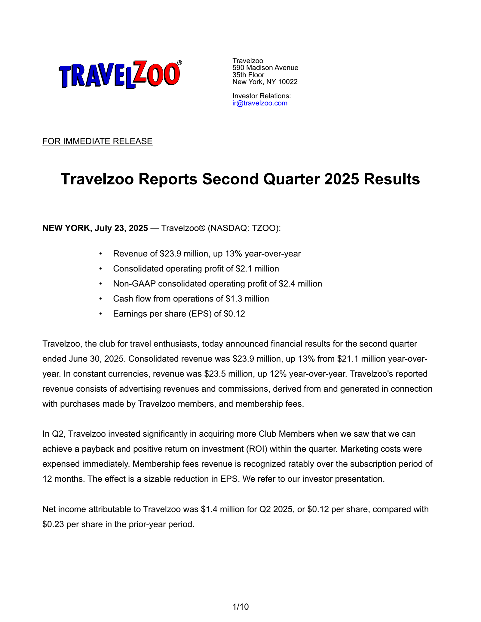 Travelzoo's Q2 2025 Press Release