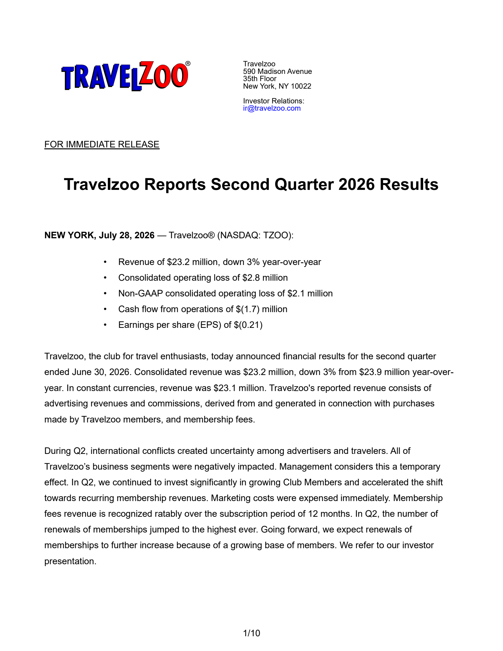 Travelzoo's Q2 2026 Press Release